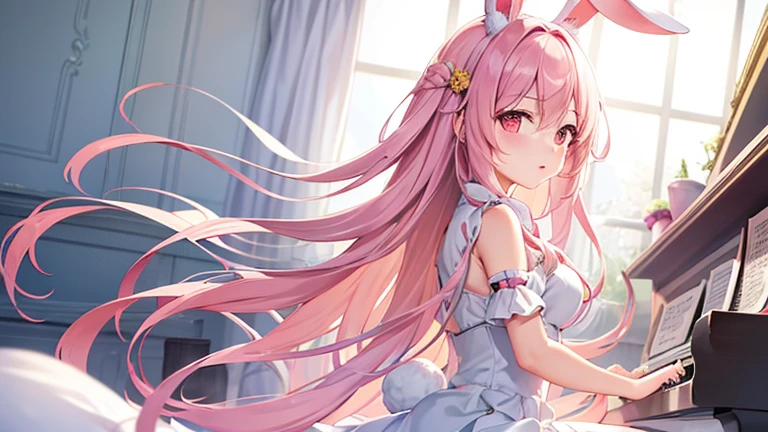 beautiful illustrations, highest quality, pretty girl, pastel colour, fluffy rabbit ears, , pink long hair, rabbit stuffed, pale pink eyes,play piano,performance