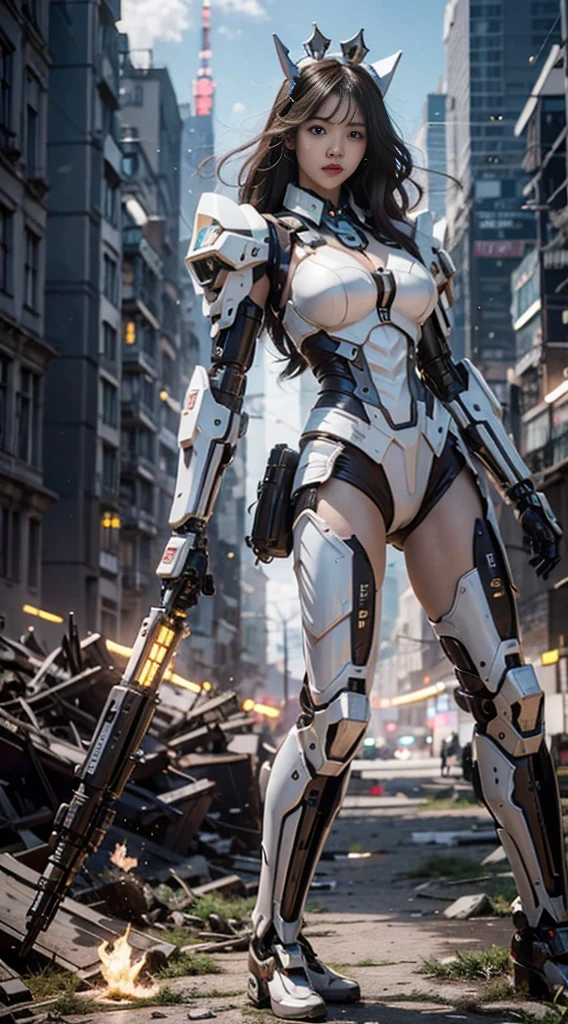 ((Best Quality)), ((Masterpiece)), (Very Detailed: 1.3), 3D, Icaru valkirie-mecha, Beautiful cyberpunk woman wearing crown with her red and blue mecha in ruins of a forgotten war city, long red hair, sci-fi technology, HDR (High Dynamic Range), ray tracing, nvidia RTX, super resolution, unreal 5, subsurface scattering, PBR texture, post-processing, anisotropic filtering, depth of field, maximum sharpness and sharpness, multi-layer texture, specular and albedo mapping, surface shading, accurate simulation of light-material interactions, perfect proportions, octane rendering, duotone lighting, low ISO, white balance, rule of thirds, wide aperture, 8K RAW, high efficiency subpixels, subpixel convolution, light particles, light scattering, Tyndall effect, very sexy, full body, battle pose, black hair with braids,