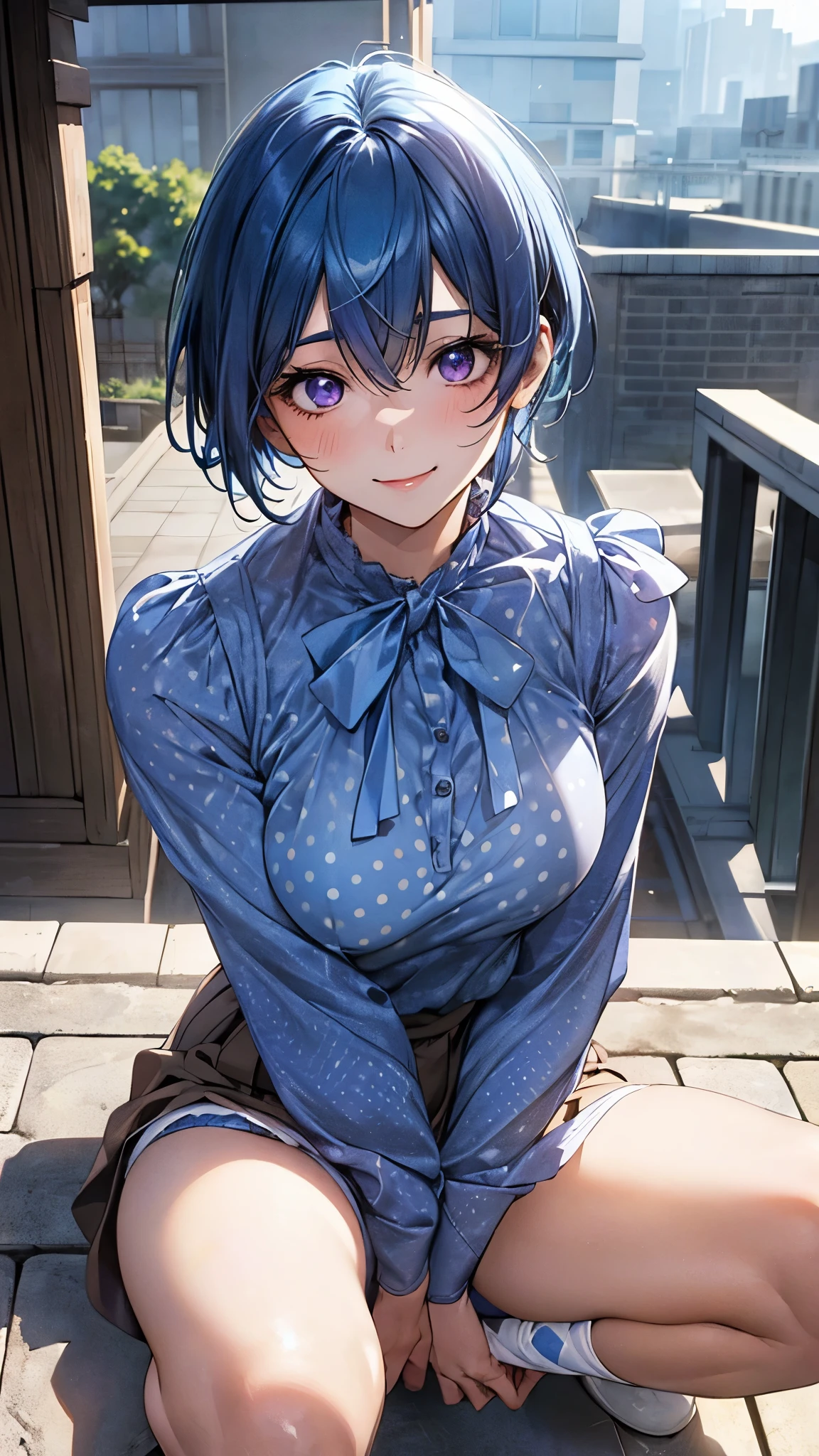 (masterpiece:1.2, top-quality), (realistic, photorealistic:1.4), beautiful illustration, (natural side lighting, movie lighting), nsfw,
looking at viewer, panty shot, front view:0.6, 1 girl, japanese, high school girl, perfect face, cute and symmetrical face, shiny skin,
(short hair:1.2, shaggy cut:1.2, blue hair), hair between eyes, purple eyes, drooping eyes, long eye lasher, (large breasts:0.6),
beautiful hair, beautiful face, beautiful detailed eyes, beautiful clavicle, beautiful body, beautiful chest, beautiful thighs, beautiful legs,
((symmetrical clothing, polka dot blue blouse, light brown culottes), light blue perforated stripe panty),
(beautiful scenery), morning, school rooftop, squatting, spread legs, (lovely smile, upper eyes),