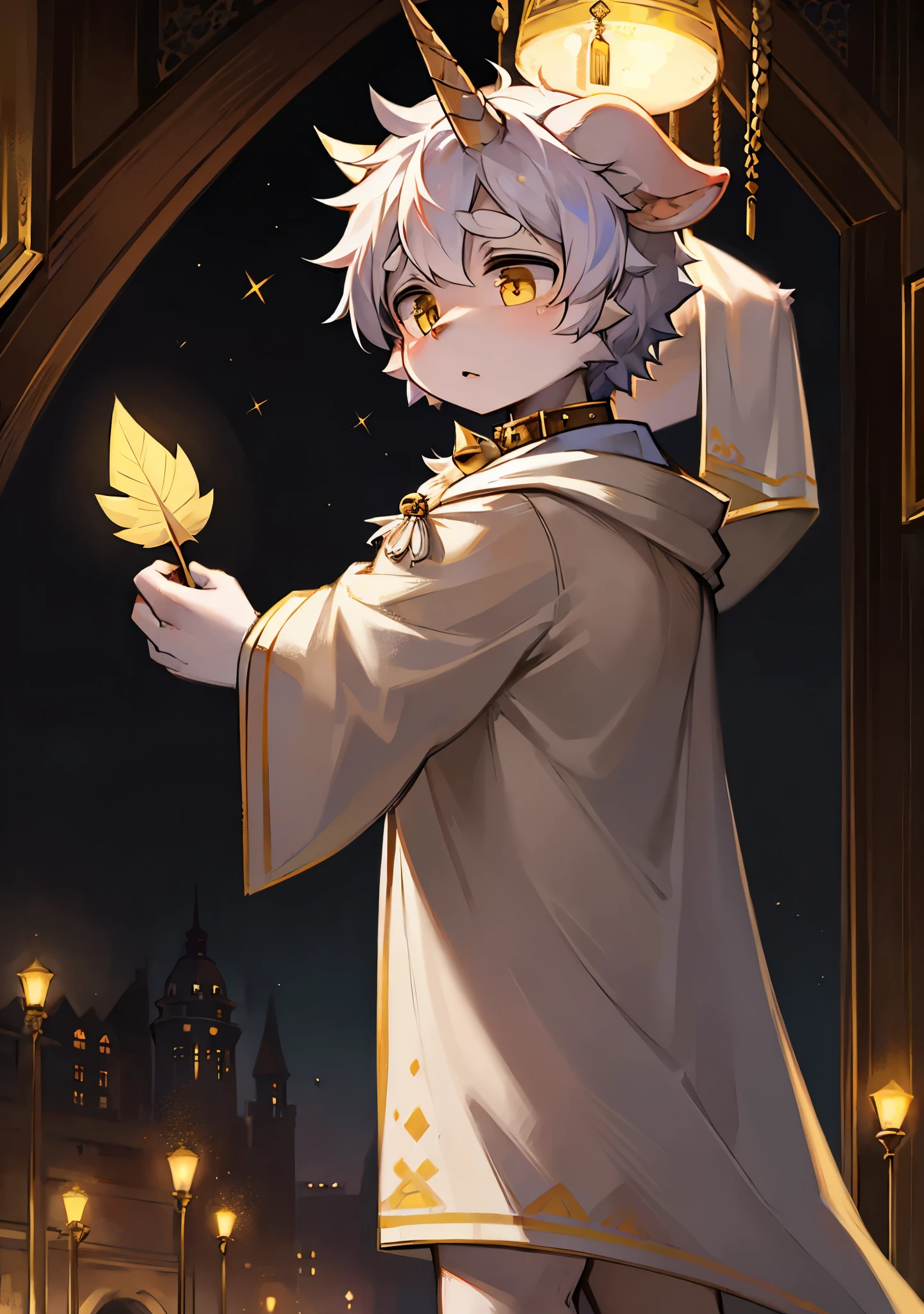 masterpiece, high quality portraits, 3D realistic CG, 16k, dramatic lighting, intricate details, dough, Humanity, hairy, white hairy, (cub), only boy, site, night, Vision, A white cloak,There is a bell on the collar, unicorn in hair, White ears, (bykekitopu),Feather cape,grass and garland,deer bone ornaments,confused look