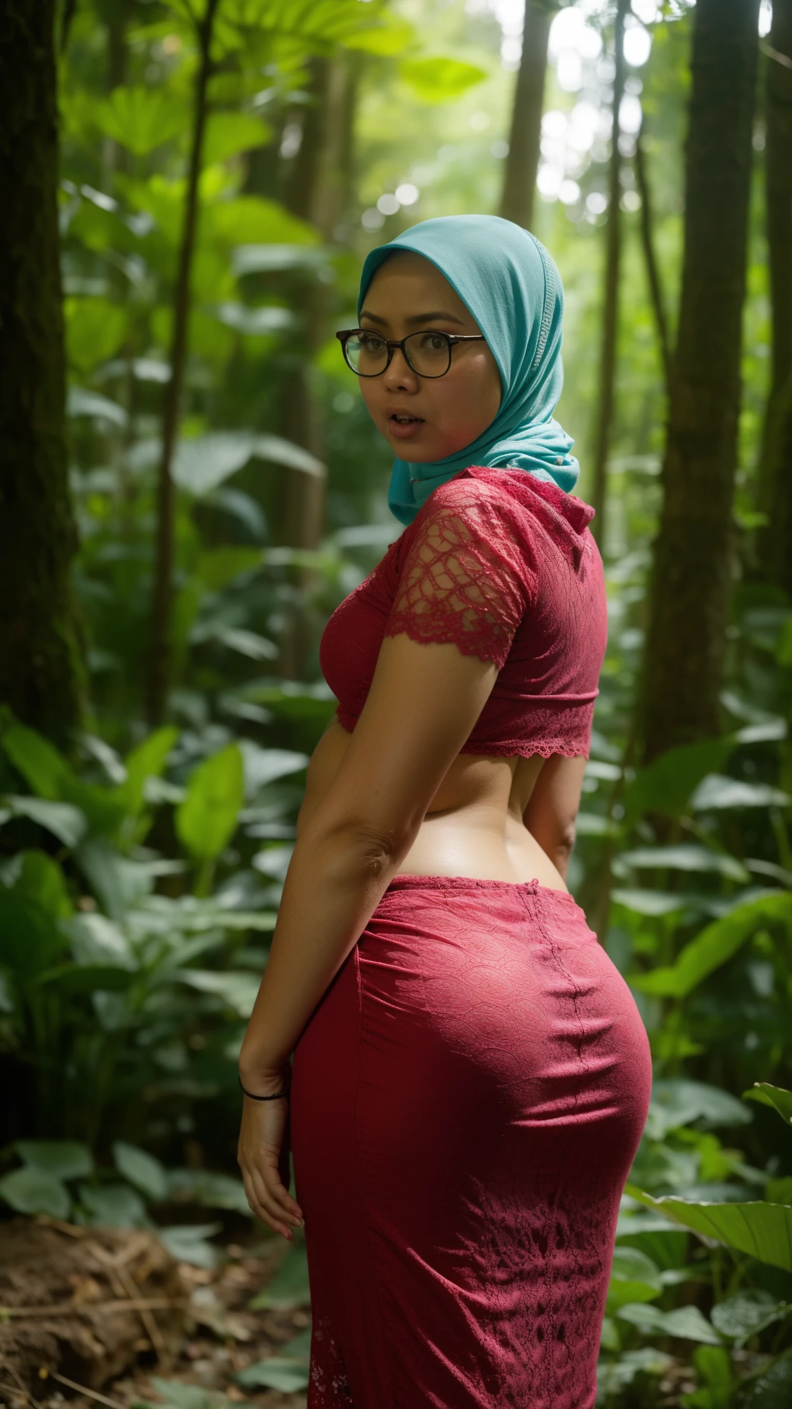 (Anger), "Oki Setiana Dewi", "Spectacles ", ("Hijab Naked"), Chubby Wearing Lace Bra & Short Hairy Pussy, "Facial expression in anger", "FLUORESCENT Blue", "Red Lips", "Bokeh" My ass is huge Being in the forest 