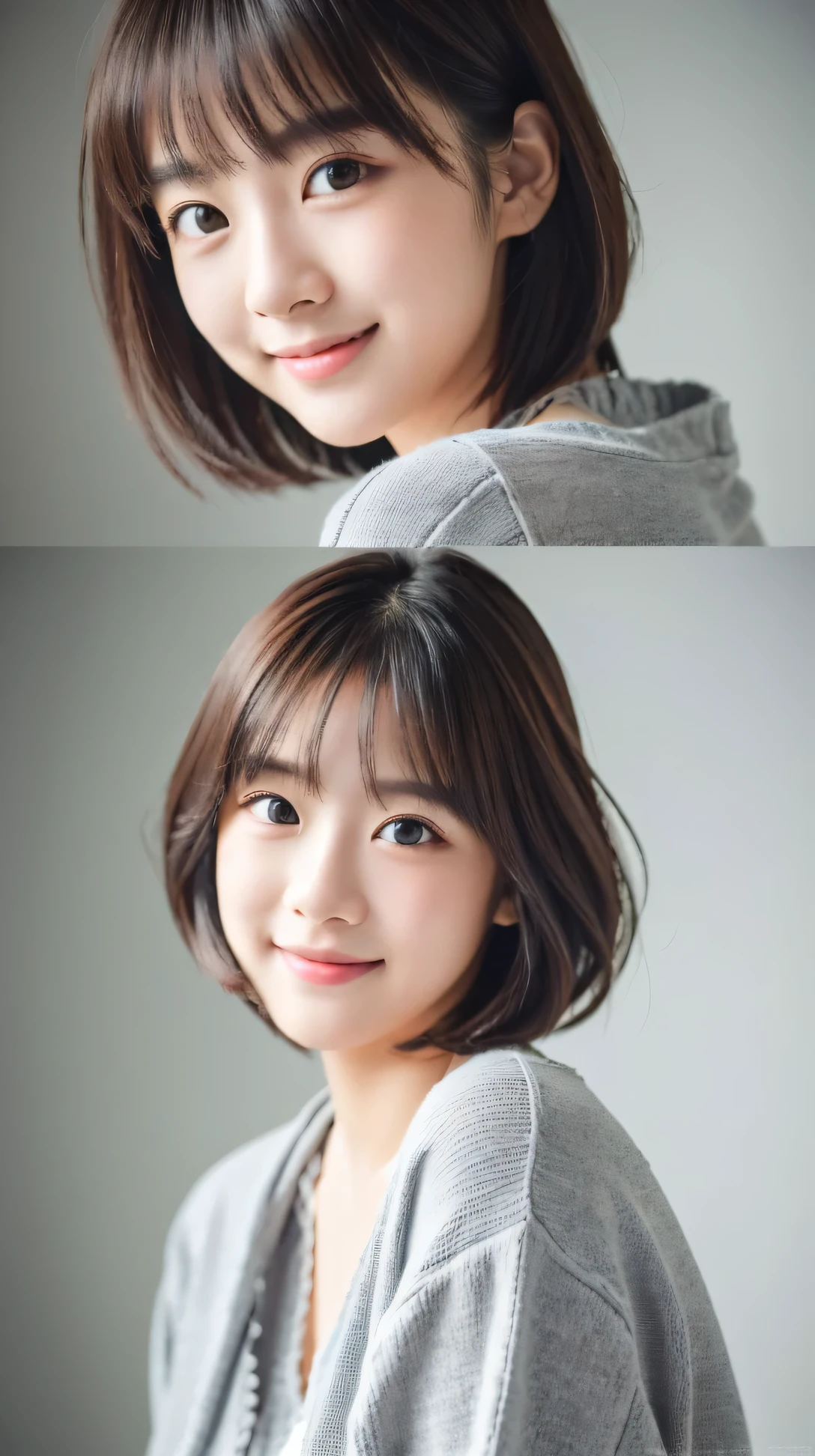 (masterpiece, highest quality, RAW photo, realistic:1.2), smile, beautiful girl, cute, delicate girl, short hair, written boundary depth, High resolution, Super detailed, detailed, 非常にdetailedな目と顔, realistic student, sharp focus, cinematic lighting, Upper body, bangs, knit sweater,