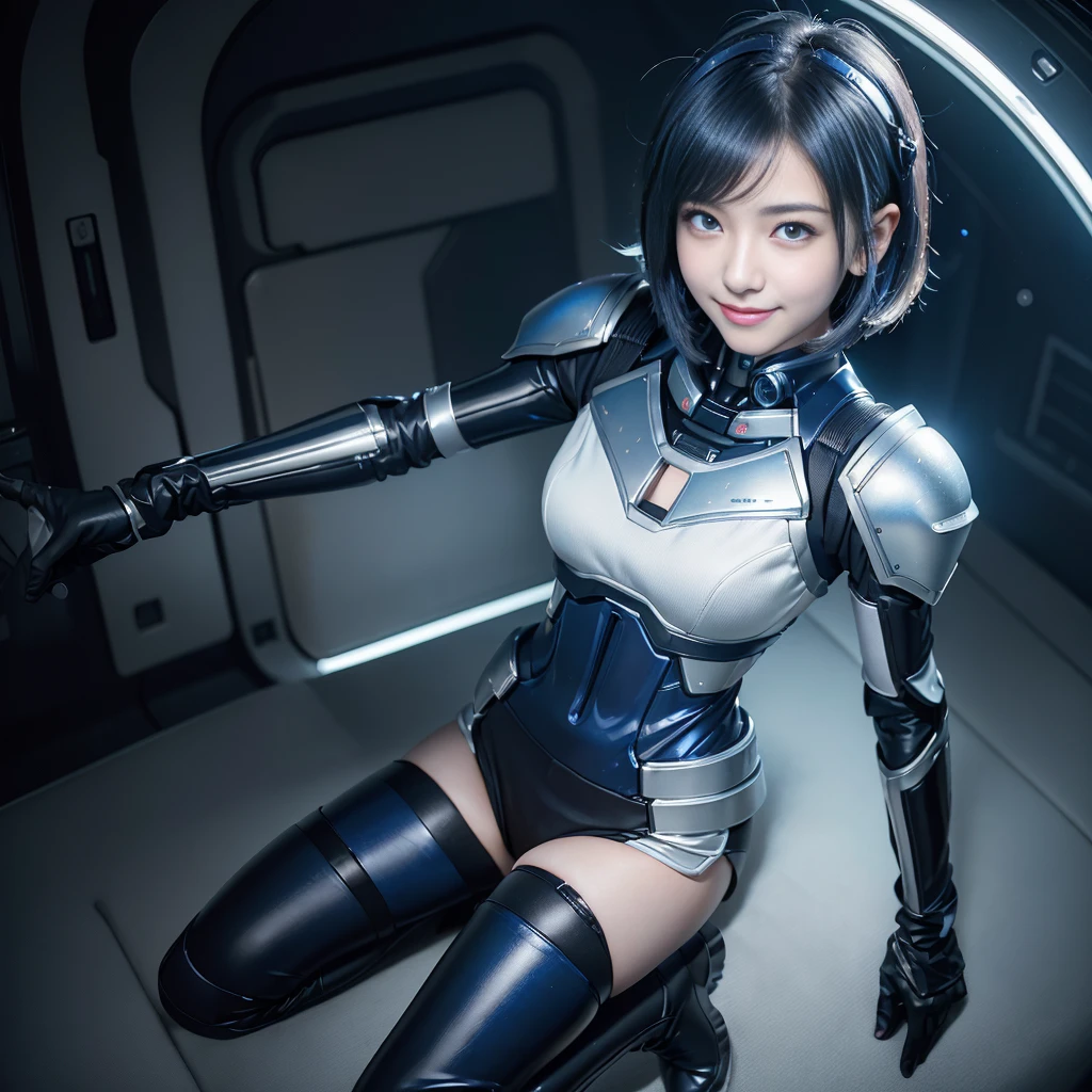 lolita, smile, 18-year-old, ((highest quality)), ((masterpiece)), (High resolution:1.3), 3D, beautiful (cyber punk:1.3), (masterpiece、highest quality、highest resolution、clear_image、Detailed details、angle from above): (full body figure、18-year-oldの女の子が一人、Japanese face、small face、thin、Super Short Bob Cut Hair、(hidden small:1.3)、dark blue hair girl、shining blue eyes、blue and black pilot suit、armor that protects the chest、tight-fitting clothes、clothes that cover the whole body、shiny clothes、tight fit pants、clothes that hide skin、とても繊細でbeautiful、fine skin、Because I&#39;m slender、exoskeleton、cute type、優しいsmile、soft expression、heroine、headset、knee high boots、gloves up to the elbow、eye level shot、Directly facing、woman on a spaceship)