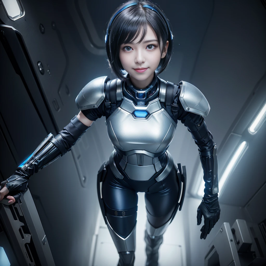 ta, smile, 18-year-old, ((highest quality)), ((masterpiece)), (High resolution:1.3), 3D, beautiful (cyber punk:1.3), (masterpiece、highest quality、highest resolution、clear_image、Detailed details、angle from above): (full body figure、18-year-oldの女の子が一人、Japanese face、small face、thin、Super Short Bob Cut Hair、(hidden small:1.3)、dark blue hair girl、shining blue eyes、blue and black pilot suit、armor that protects the chest、tight-fitting clothes、clothes that cover the whole body、shiny clothes、tight fit pants、clothes that hide skin、とても繊細でbeautiful、fine skin、Because I'm slender、exoskeleton、cute type、優しいsmile、soft expression、heroine、headset、knee high boots、gloves up to the elbow、eye level shot、Directly facing、woman on a spaceship)