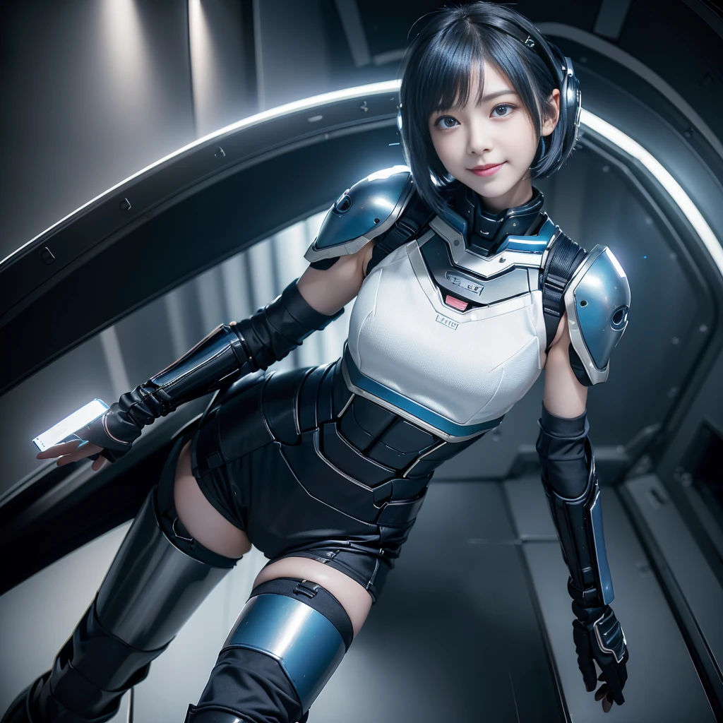 lolita, smile, 18-year-old, ((highest quality)), ((masterpiece)), (High resolution:1.3), 3D, beautiful (cyber punk:1.3), (masterpiece、highest quality、highest resolution、clear_image、Detailed details、angle from above): (full body figure、18-year-oldの女の子が一人、Japanese face、small face、thin、Super Short Bob Cut Hair、(hidden small:1.3)、dark blue hair girl、shining blue eyes、blue and black pilot suit、armor that protects the chest、tight-fitting clothes、clothes that cover the whole body、shiny clothes、tight fit pants、clothes that hide skin、とても繊細でbeautiful、fine skin、Because I'm slender、exoskeleton、cute type、優しいsmile、soft expression、heroine、headset、knee high boots、gloves up to the elbow、eye level shot、Directly facing、woman on a spaceship)