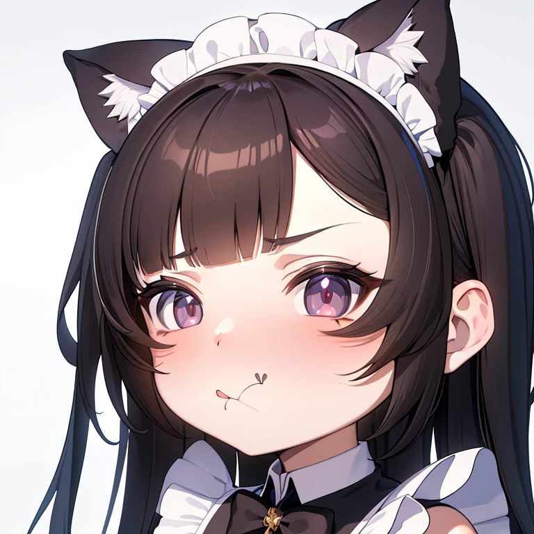 (masterpiece), best quality, absurdres, the face of a cute girl in a maid uniform with a pouting expresison, angry, neko, cat ears, maid, long brown hair, grey eyes, chibi, emoji, icon, white background, cute, 1girl, best quality, incredible detail, 4k, masterpiece, pout