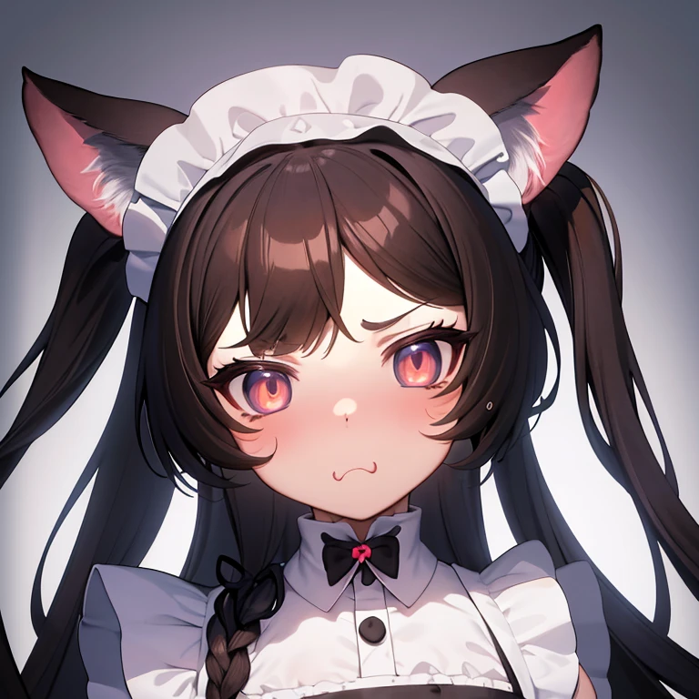 (masterpiece), best quality, absurdres, the face of a cute girl in a maid uniform with a pouting expresison, angry, neko, cat ears, maid, long brown hair, grey eyes, chibi, emoji, icon, white background, cute, 1girl, best quality, incredible detail, 4k, masterpiece, pout