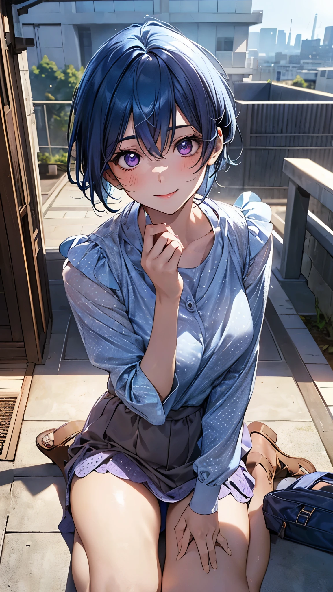 (masterpiece:1.2, top-quality), (realistic, photorealistic:1.4), beautiful illustration, (natural side lighting, movie lighting), nsfw,
looking at viewer, panty shot, front view:0.6, 1 girl, japanese, high school girl, perfect face, cute and symmetrical face, shiny skin,
(short hair:1.2, shaggy cut:1.2, blue hair), hair between eyes, purple eyes, drooping eyes, long eye lasher, (large breasts:0.6),
beautiful hair, beautiful face, beautiful detailed eyes, beautiful clavicle, beautiful body, beautiful chest, beautiful thighs, beautiful legs,
((symmetrical clothing, polka dot dark blue blouse, light brown culottes), light blue perforated stripe panty),
(beautiful scenery), morning, school rooftop, wariza, (lovely smile, upper eyes),