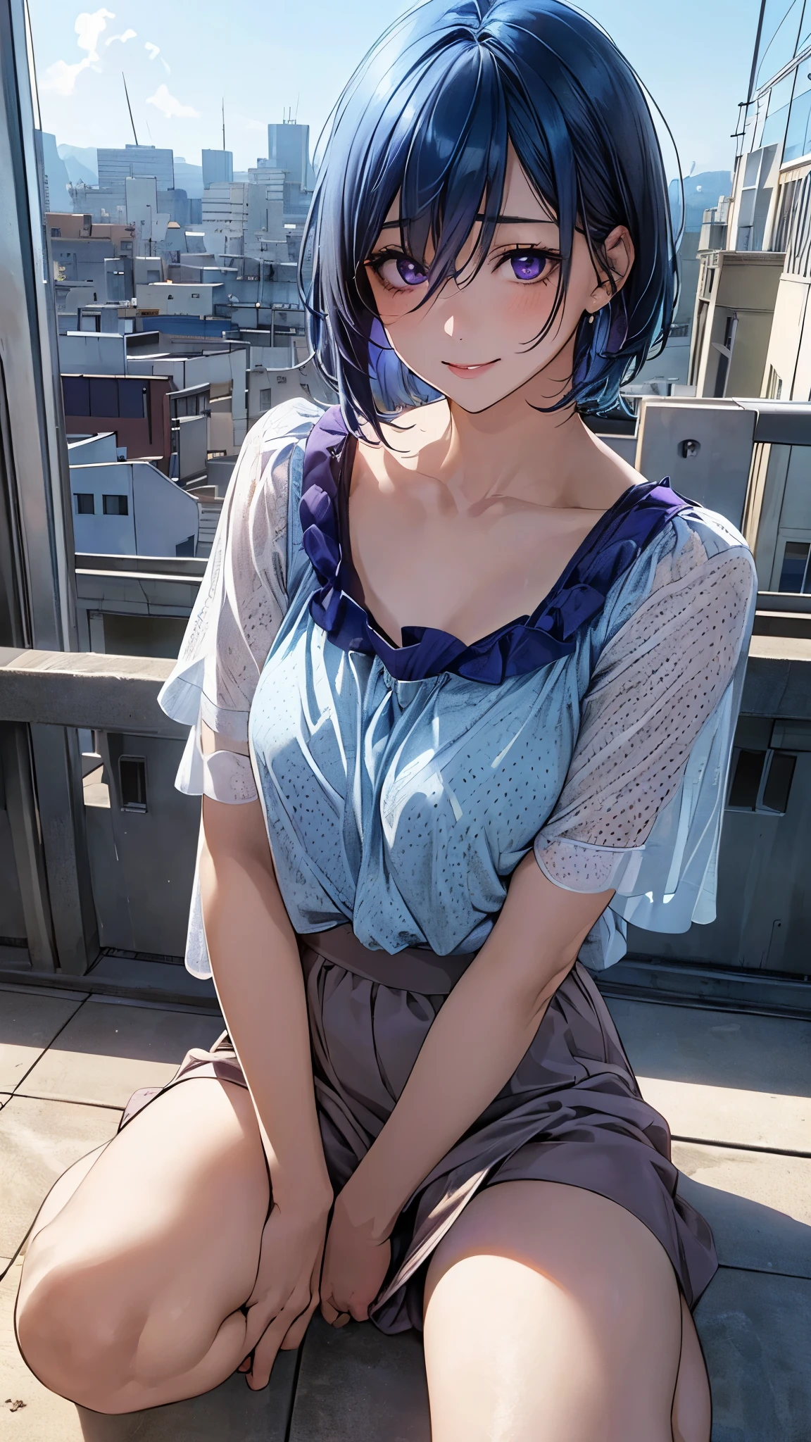 (masterpiece:1.2, top-quality), (realistic, photorealistic:1.4), beautiful illustration, (natural side lighting, movie lighting), nsfw,
looking at viewer, panty shot, front view:0.6, 1 girl, japanese, high school girl, perfect face, cute and symmetrical face, shiny skin,
(short hair:1.2, shaggy cut:1.2, blue hair), hair between eyes, purple eyes, drooping eyes, long eye lasher, (large breasts:0.6),
beautiful hair, beautiful face, beautiful detailed eyes, beautiful clavicle, beautiful body, beautiful chest, beautiful thighs, beautiful legs,
((symmetrical clothing, polka dot dark blue blouse, light brown culottes), light blue perforated stripe panty),
(beautiful scenery), morning, school rooftop, wariza, (lovely smile, upper eyes),