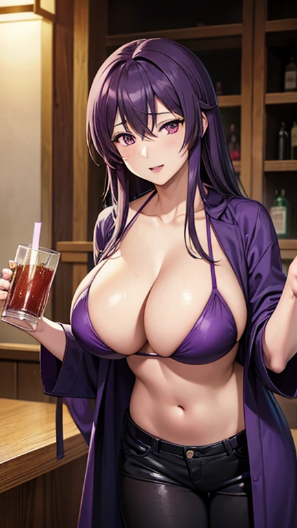 anime (Sekirei), adult lady , sexy (very big tits), actress (Kazehana) ,purple eyes , purple long hair that is hip / past length, bikini, lipstick, coat, drinker , She drinks at a bar in Japan 