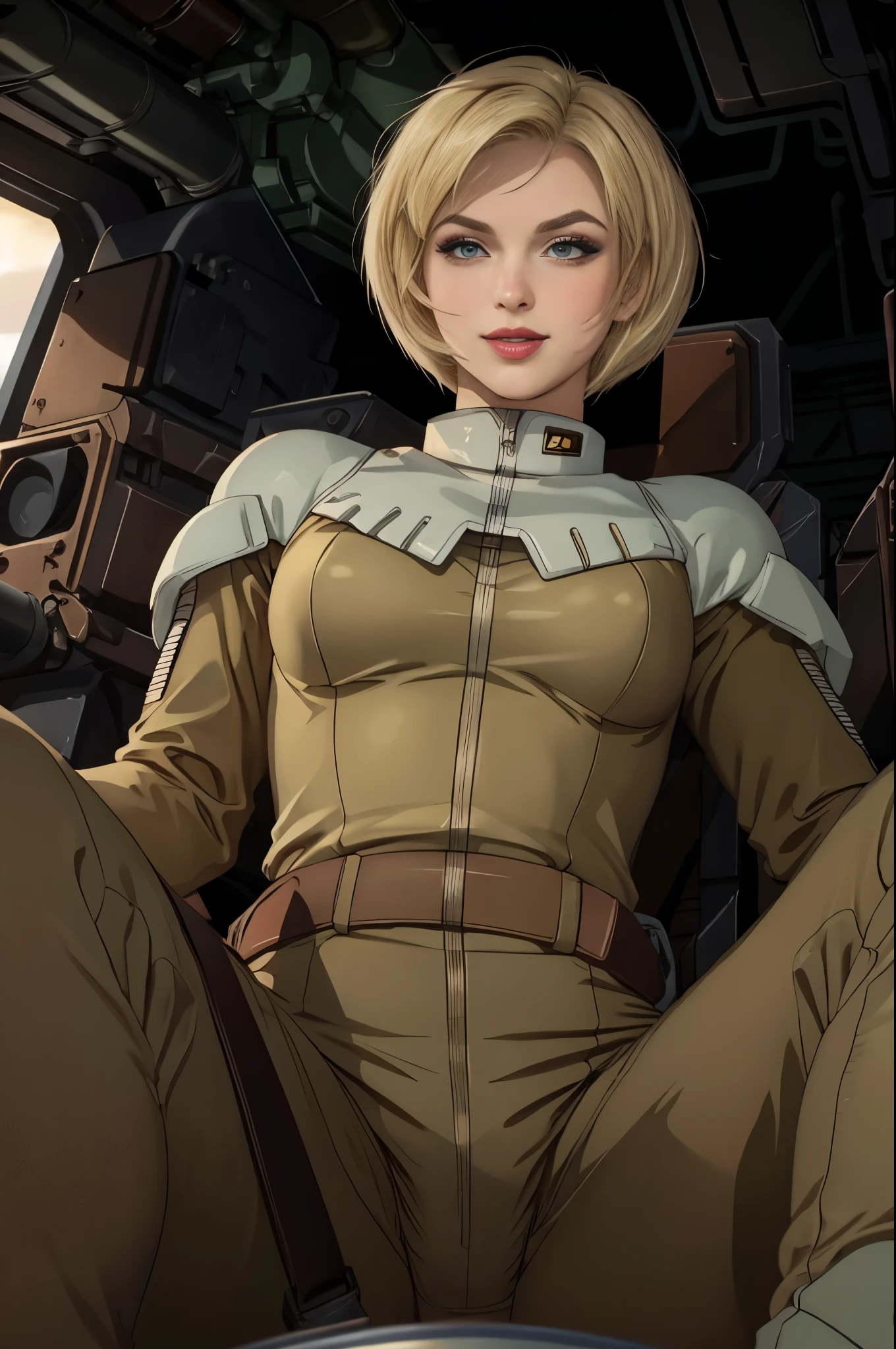 original character,good anatomy, masterpiece, best quality,realistic, hyperrealistic, 16k hdr,photorealistic, cinematic, zeon pilot, (cockpit view:1.2), 20yo,beauty american woman,(blonde hair,bobcut,makeup:1.2),brown flight suit,medium breasts,from below,sitting,spread legs,(sexy pose:1.2),looking down,smile