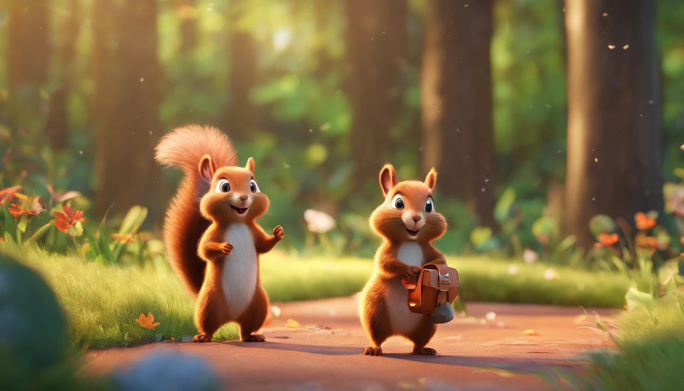 (best quality,8k,highres,masterpiece:1.2),ultra-detailed,(realistic,photorealistic,photo-realistic:1.37),3D squirrel,model squirrel,walking in the sunny forest,carrying a school backpack,joyful expression,cute little creature,sparkling eyes,fine fur details,sharp focus,children's storybook,storybook illustration.