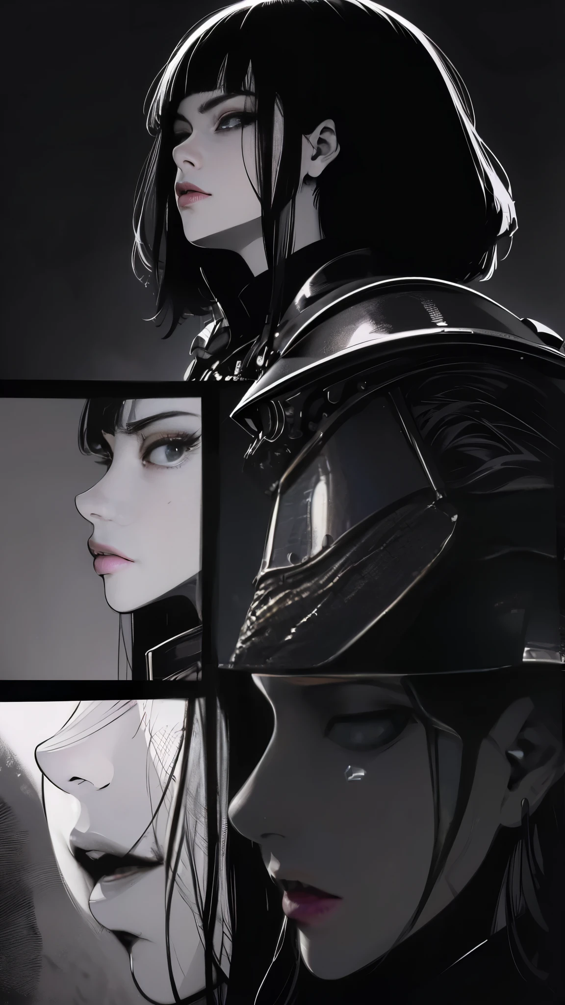 high detail, masterpiece, dramatic lighting(absurdres, highres, ultra detailed), extremely detailed CG unity 8k. mature face, adult woman, woman, mature woman, short black hair and bangs, royal black armor, full body, side view