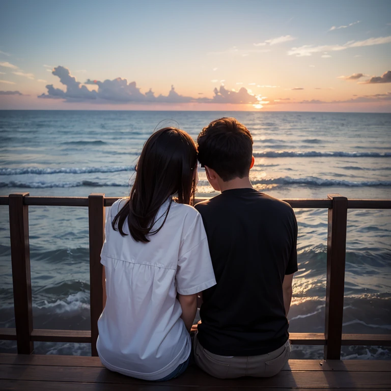 A couple sits on top of a pier watching the sunset.