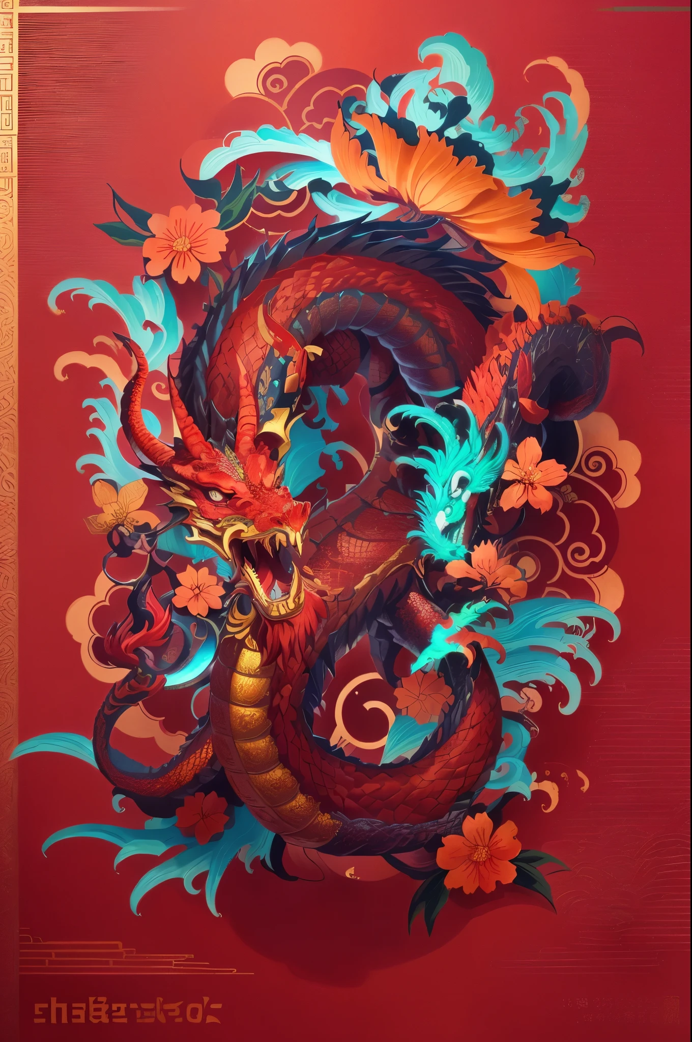 a red dragon with a dragon head and flowers on a colorfulbackground, majestic chinese dragon, colorful illustration for tattoo, chinese new year,red dragon, japanese art style, tatuagens orientais, inspirado em Utagawa Yoshitaki, inspirado em Utagawa Hirokage, down left arm and back, inspirado em Utagawa Yoshitsuya, chinesedragon, design de tatuagem, a red dragon,(Chinese Year of the Dragon poster),Mountain and Sea Sutra,big dragon,Complete claws,Chinese style,Colorful auspicious clouds,CNY,red tint,brilliant,luxurious,Celebrating the Year of the Dragon,HASSELBLAD CAMERA, Surreal, intricate details, ultra high definition,,masterpiece,8k,high detail,