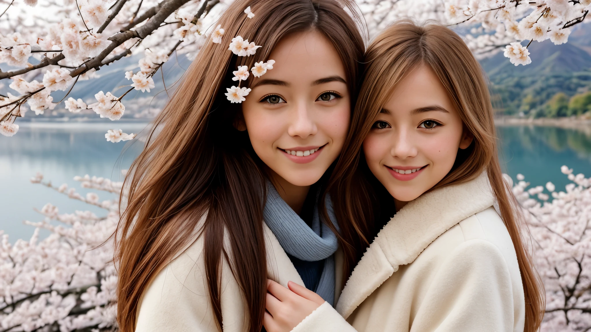 Instagram pictures, 1 French girl, Shoulder length hair, has light blonde hair, Close-up photo, coat, The background is Lake Kawaguchiko.., cherry blossoms, Japan, smile a little,