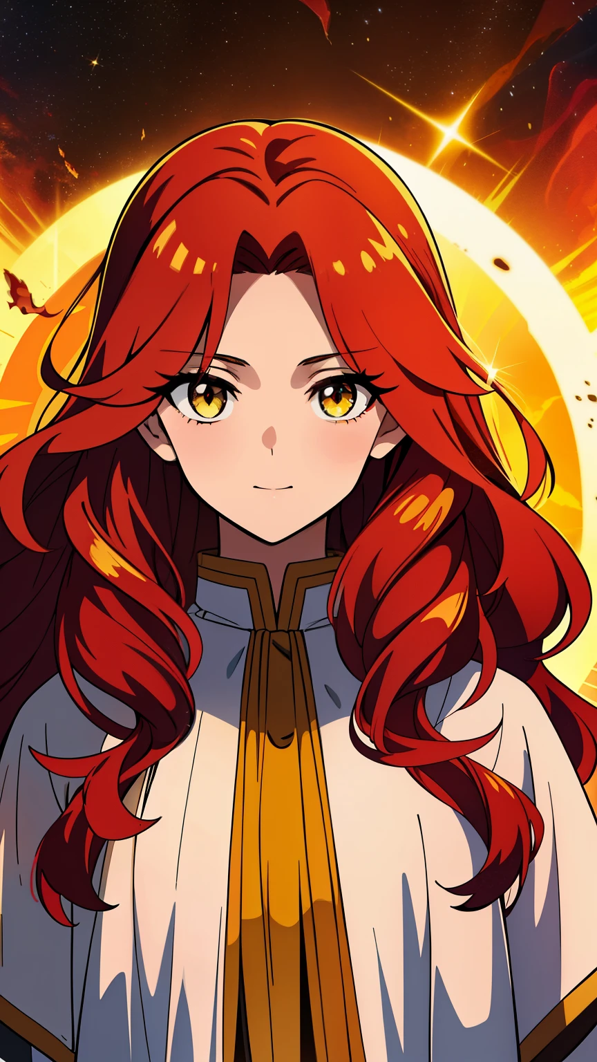 (high-quality, breathtaking),(expressive eyes, perfect face) 1girl, female, teenager, solo, long length hair, flaming red hair color, multicolored hair, gold highlights in hair, glowing hair, unkept hair, amber yellow eyes, positive expression, soft smile, cloak, shirt, God of Strength and Sun, space background, upper body, magic, elegant, fluffy wavy hair, gorgeous hair, , Greek Clothing, portrait, adventurers attire, fantasy mage clothing, beautiful hair, Apollo inspired
