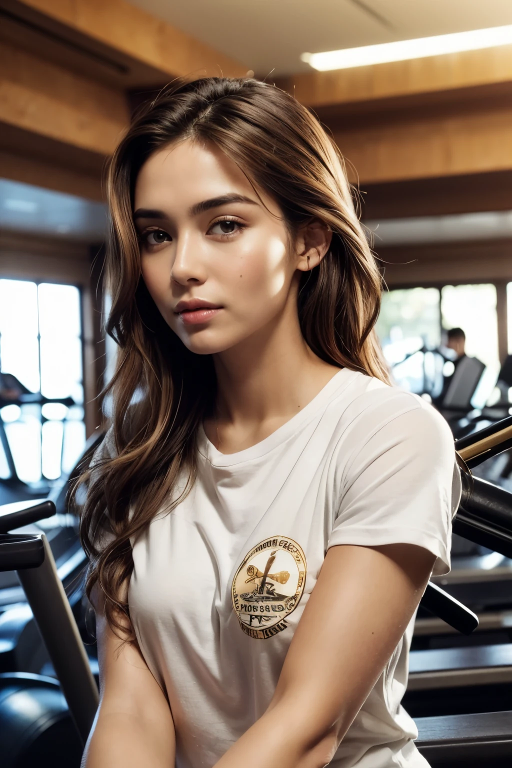 (photorealistic:1.4), 25-year-old Italian girl, long flowing brown hair, striking brown eyes, wearing white t-shirt, approachable expression, soft golden-hour sunlight, high-resolution photograph, 65mm lens, flattering perspective, natural light, gym as background, (approachable and radiant:0.9), (golden hour light:1.3), (pure white t-shirt:1.1), (wavy brown hair:1.2), (well-defined eyebrows:1.1), (moisturized skin:1.2), (gym background with fitness equipment:1.3)
