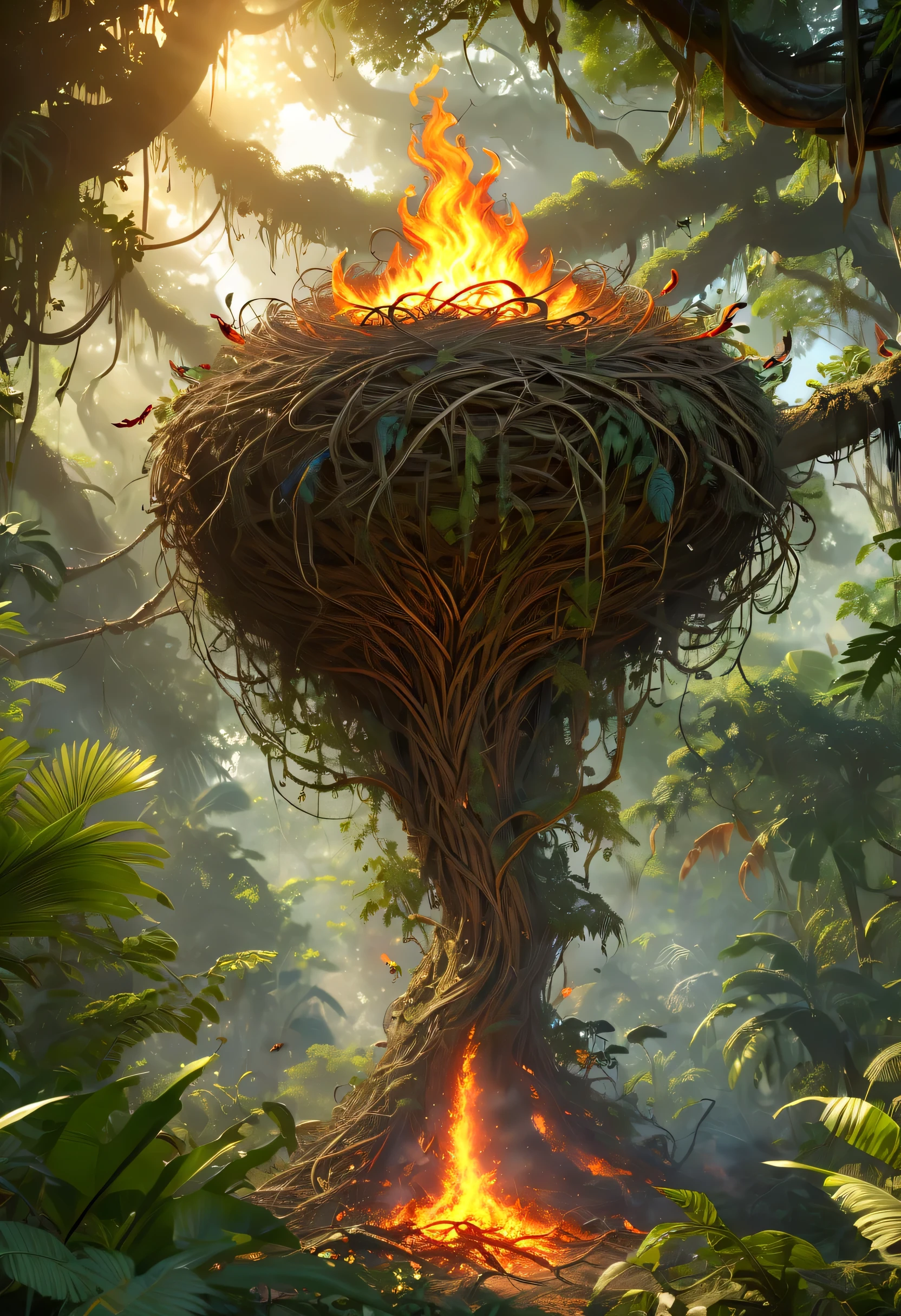(8K, 16 thousand., Award Winning, Dynamic,Best quality, Highest resolution, super details, high detail, anatomically correct, masterpiece, stunning beauty), Composed of fire elements,(Huge nest in the jungle:1.2),Phoenix FlyingDonM3l3m3nt4lXL
