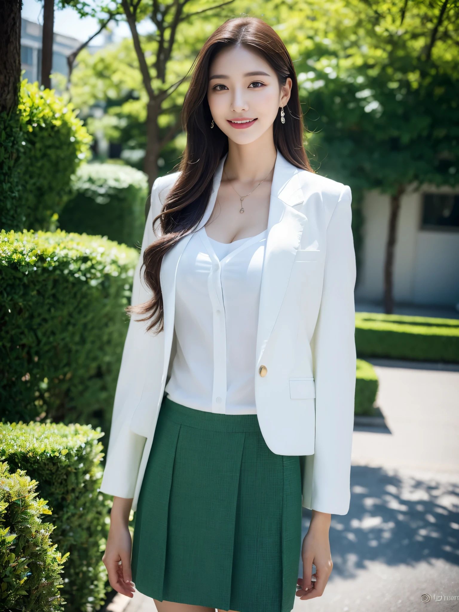 (Full body: 1.3), (in 8K, best-quality, masterpiece: 1.3), (intricate detailes:1.4), (Raw photo, Photorealsitic: 1.4), octane renderings, Complex 3D rendering ultra detail, Studio Soft Light, Rim Lights, vibrant detail, super detailing, realistic skin textures, Detail Face, Beautiful detail eyes, Very detailed CG Unity 16k wallpaper, make - up, Slender Beauty 1 Person: 1.5, Elegant, office lady, (Detailed background: 1.2), Realistic skin feeling, Shinny skin, beautiful detailed face, Lush green park background, Blur background, Bokeh, Super model, Perfect body, (Full body: 1.3), (Wide shot, Long shot: 1.3), Tall and slender beauty, (beauty of suits: 1.3), (beauty of elegant skirt: 1.3), natural smile, medium breasts, undershirt, cool beauty, career woman, Japanese beauty, modeled, tic,street