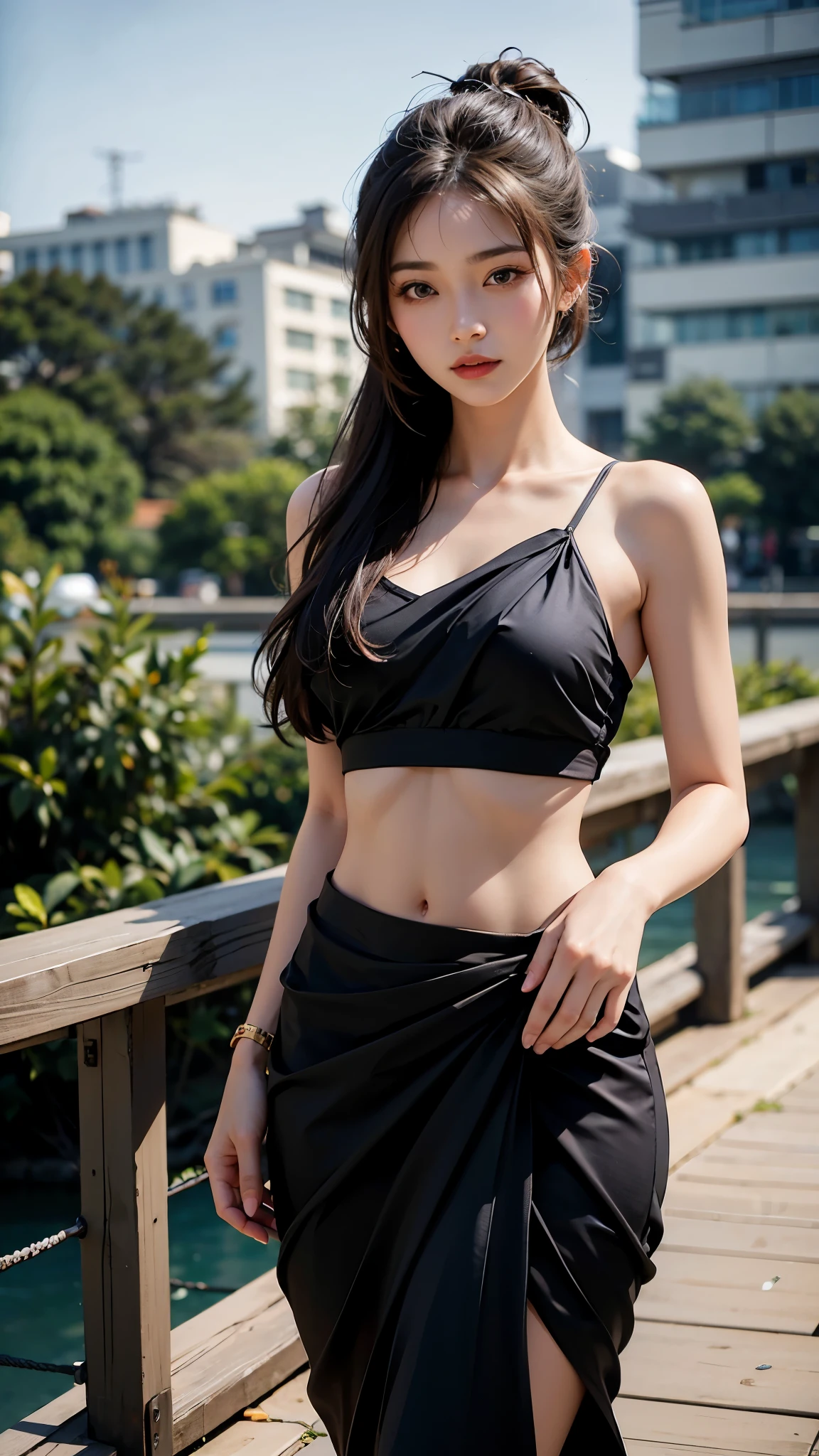 araffe asian woman in a black dress posing on a bridge, sultry body with sexy toned abs, gorgeous young korean woman, gorgeous chinese model, wearing two - piece swimsuit, beautiful south korean woman, with a thin waist, wearing a sexy cropped top, she is wearing a black tank top, beautiful young korean woman, model with attractive body, slender waist, korean girl