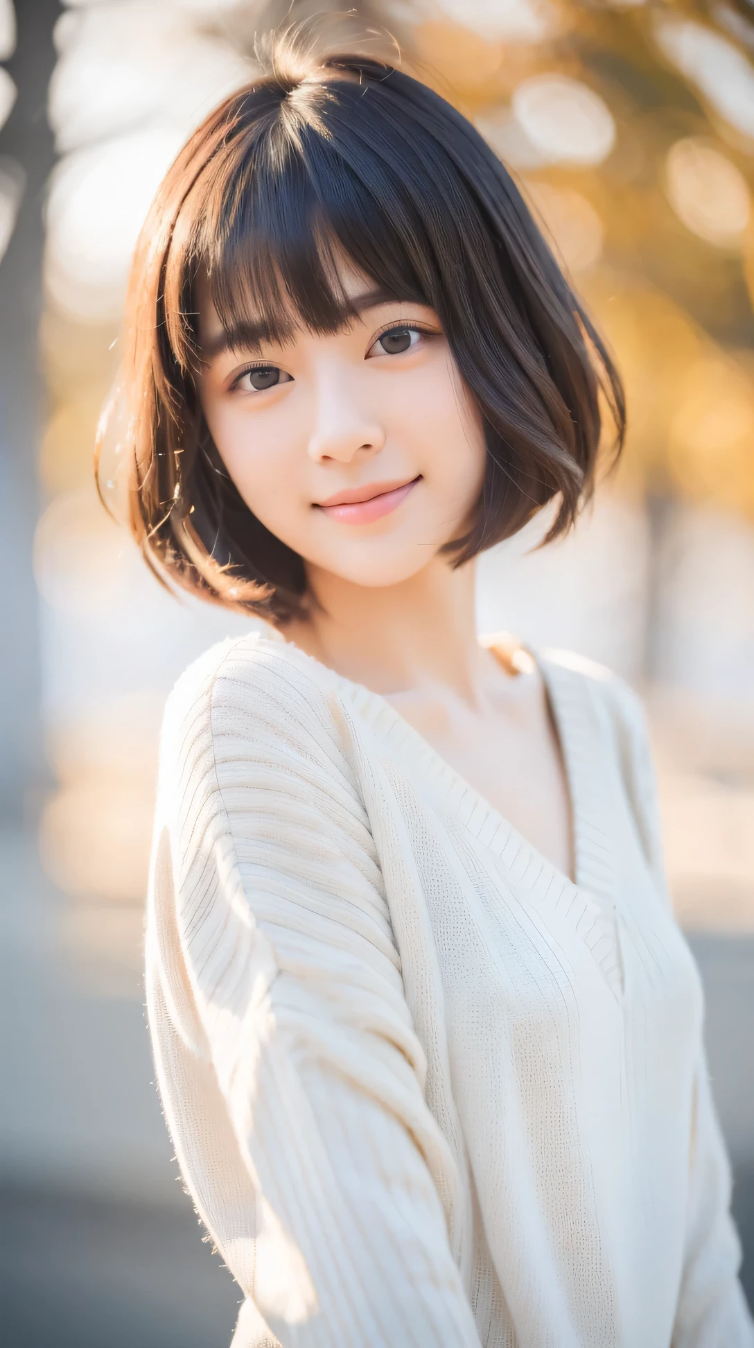 (masterpiece, highest quality, RAW photo, realistic:1.2), smile, beautiful girl, cute, delicate girl, short hair, written boundary depth, High resolution, Super detailed, detailed, 非常にdetailedな目と顔, realistic student, sharp focus, cinematic lighting, Upper body, bangs, knit sweater,