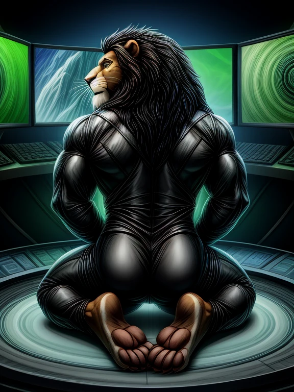 2d portrait, very detailed faces, anatomically correct, furry art, hypnotised barefoot Scar (muscular anthropomorphic lion, black mane, Lion king) wearing black ninja suit, kneeling, concentrating on a monitor with a recording of a green hypnotic spiral, detailed nice big lion feet paws with claws, in a trance, drooling, green glow in his eyes, hi res, detailed background, 8k hd, rear view