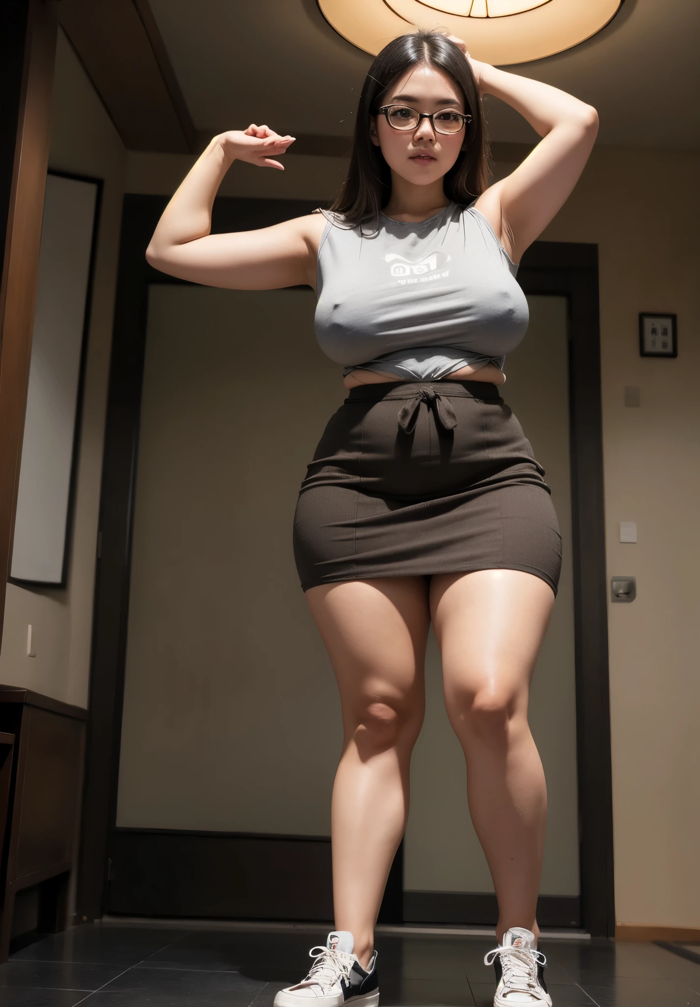 ((best quality)), ((masterpiece)), (detailed), perfect face, chubby female, big breast, large hips, full body, chubby thighs, thick neck, wearing brown midi t-shirt and thight skirt, black room, chubby armpits, wearing sneakers, glasses, pose on camera, asian-Indonesian,japanese-Indonesia, chinese,