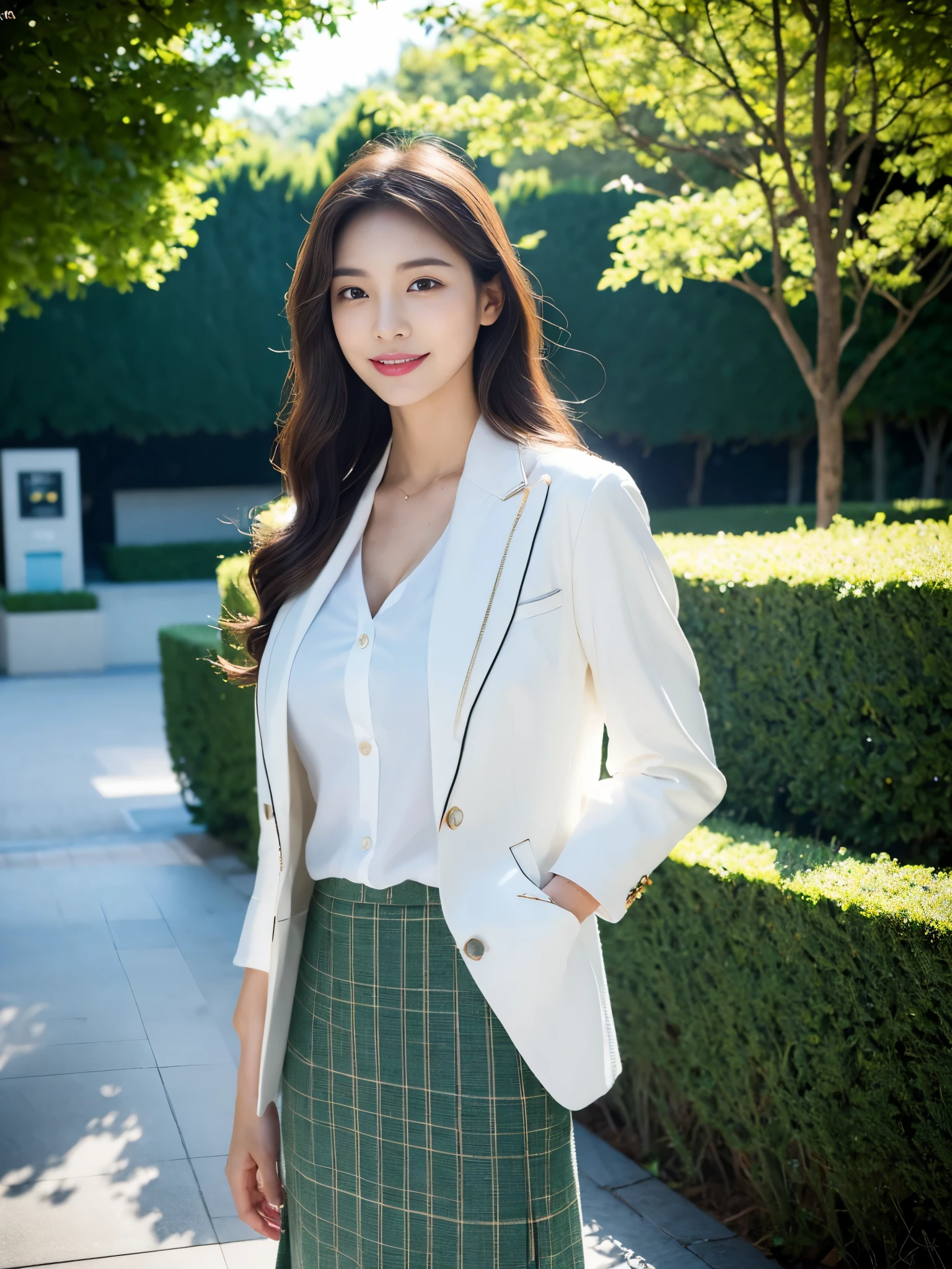 (Full body: 1.3), (in 8K, best-quality, masterpiece: 1.3), (intricate detailes:1.4), (Raw photo, Photorealsitic: 1.4), octane renderings, Complex 3D rendering ultra detail, Studio Soft Light, Rim Lights, vibrant detail, super detailing, realistic skin textures, Detail Face, Beautiful detail eyes, Very detailed CG Unity 16k wallpaper, make - up, Slender Beauty 1 Person: 1.5, Elegant, office lady, (Detailed background: 1.2), Realistic skin feeling, Shinny skin, beautiful detailed face, Lush green park background, Blur background, Bokeh, Super model, Perfect body, (Full body: 1.3), (Wide shot, Long shot: 1.3), Tall and slender beauty, (beauty of suits: 1.3), (beauty of elegant skirt: 1.3), natural smile, medium breasts, undershirt, cool beauty, career woman, Japanese beauty, modeled, tic,street