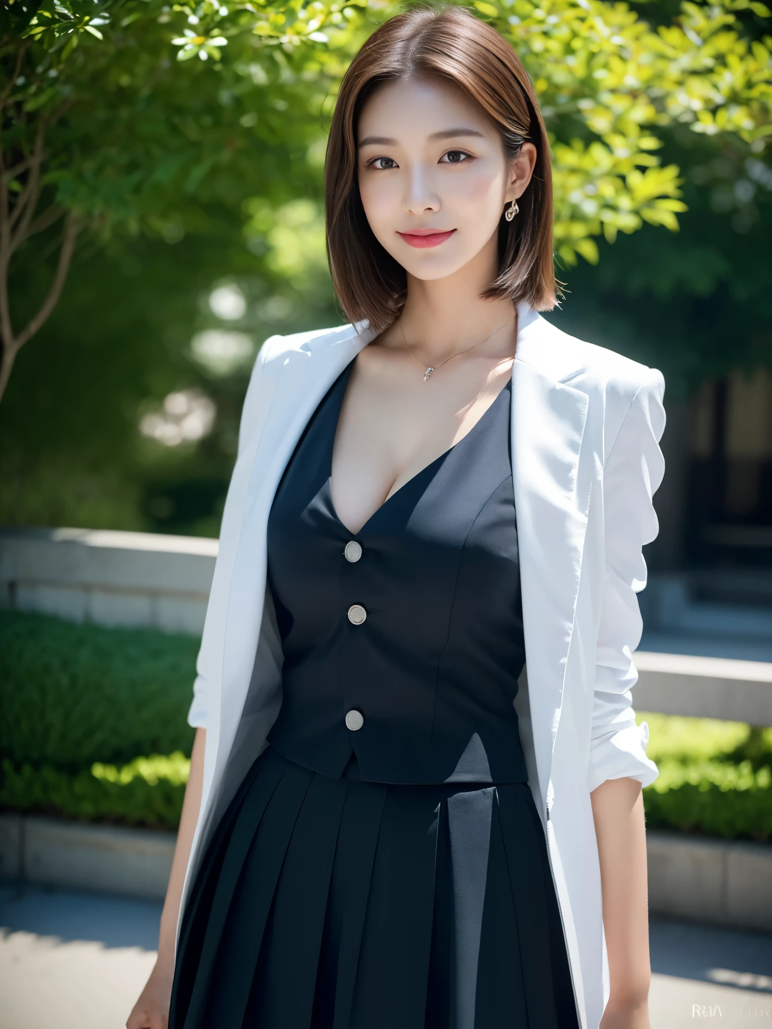 最high quality, In 8K, Masseter region, Vibrant, Sharp focus, high quality, High resolution, Detailed face, fine grain, Thick lips, (Looking at the audience), alone, Beautiful woman, 3, Japanese women, (Short black hair:1.4)、(Long Hair:1.4), Cleavage, Lunch break、Large city park、Green Grass、In front of a big Semen fountain、(sitting on a park bench:1.3)、(Full body photo:1)、(Japanese women)、(Mitsubishi Bank:1.8), (She is wearing a dark blue vest over a white blouse.:1.5), The vest has three gold buttons, (red, Blue and white ribbon tie:1.6)、(Ribbon tie at neck)、(Knee-length dark blue skirt)、(Black pumps:1.5)、(red lipstick:1)、(smile:1.6)、(standard body type)、(Z cup breasts)