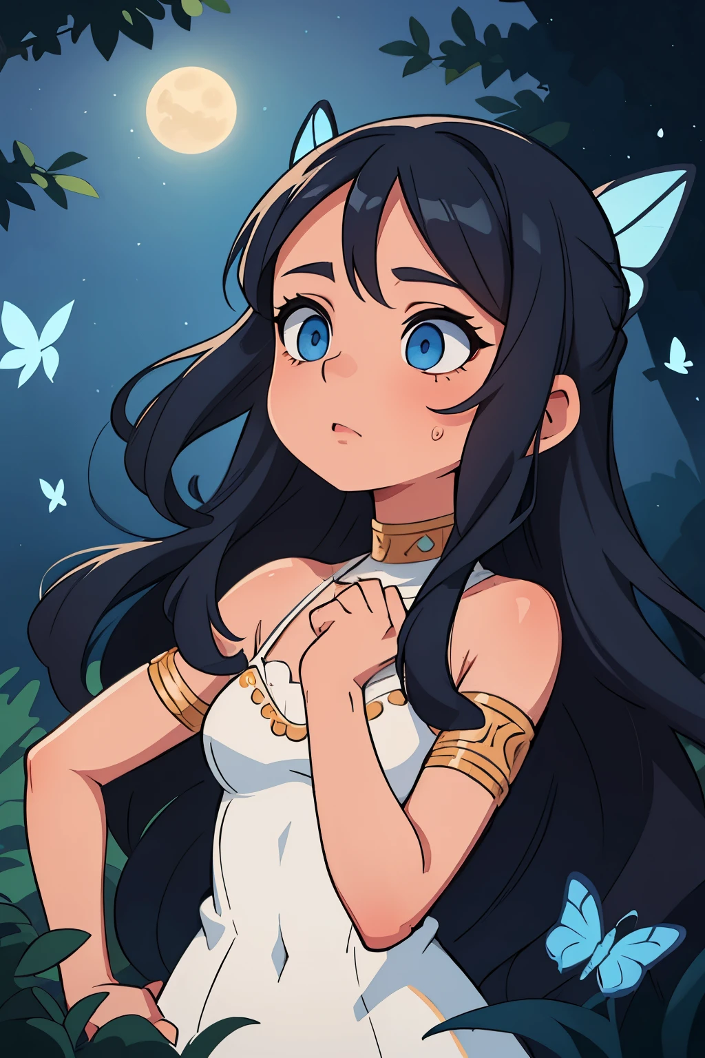 Dark blue long wavy hair, Blue eyes, a dress like in Egypt, white to the shoulders , butterflies on the hair, Woman, at night in the desert, Human, joy on your face