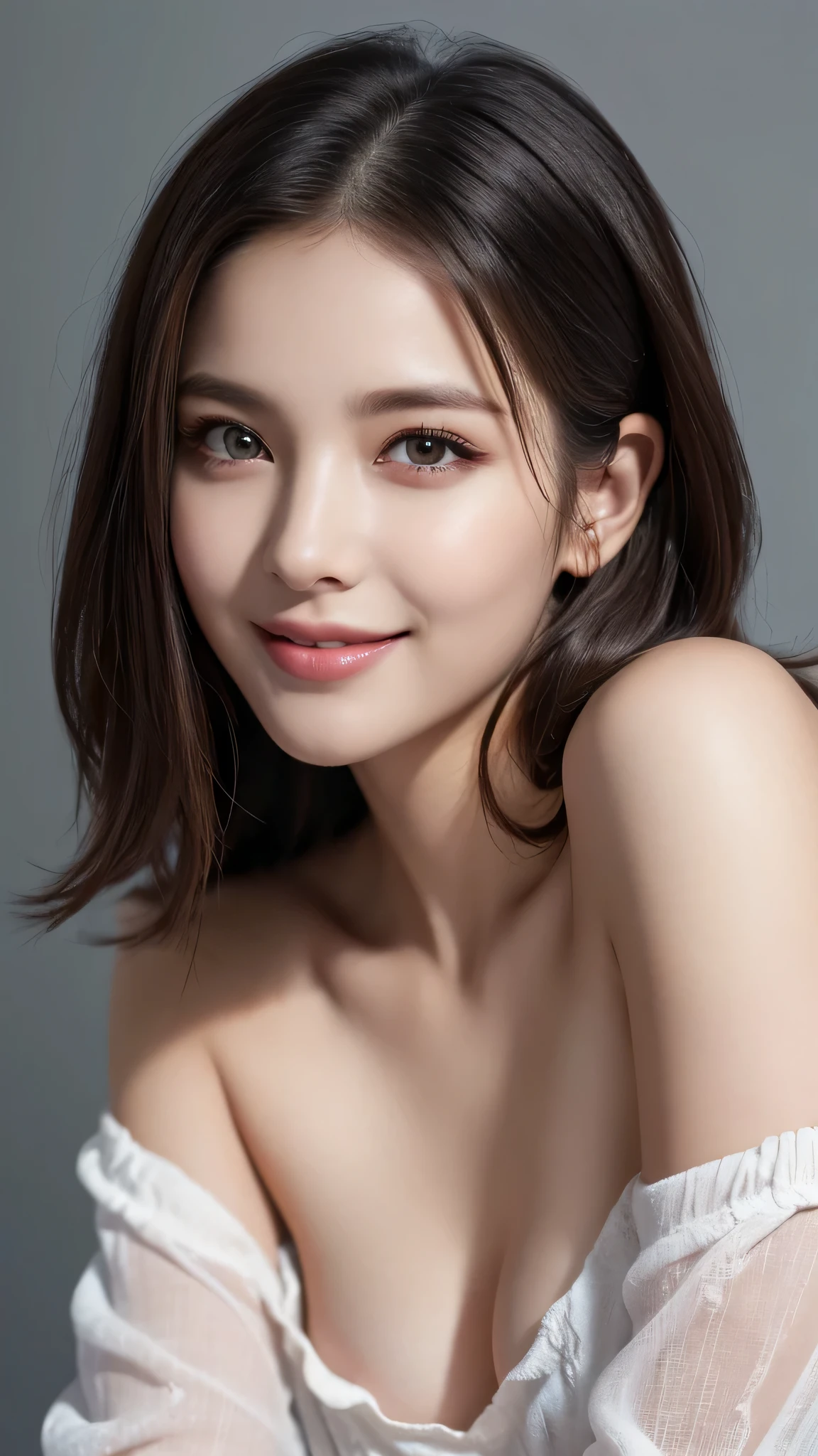 1woman, (Ultra realistic, high res), (highly detailed eyes, highly detailed hair, highly detailed face, highly detailed plump lips), (off shoulder with open breasts), breasts, upper body, caute smile, (best quality:1.4), Raw photo, (realistic, photo-realistic:1.37), professional photography, cinematic light, (fine face: 1.2),