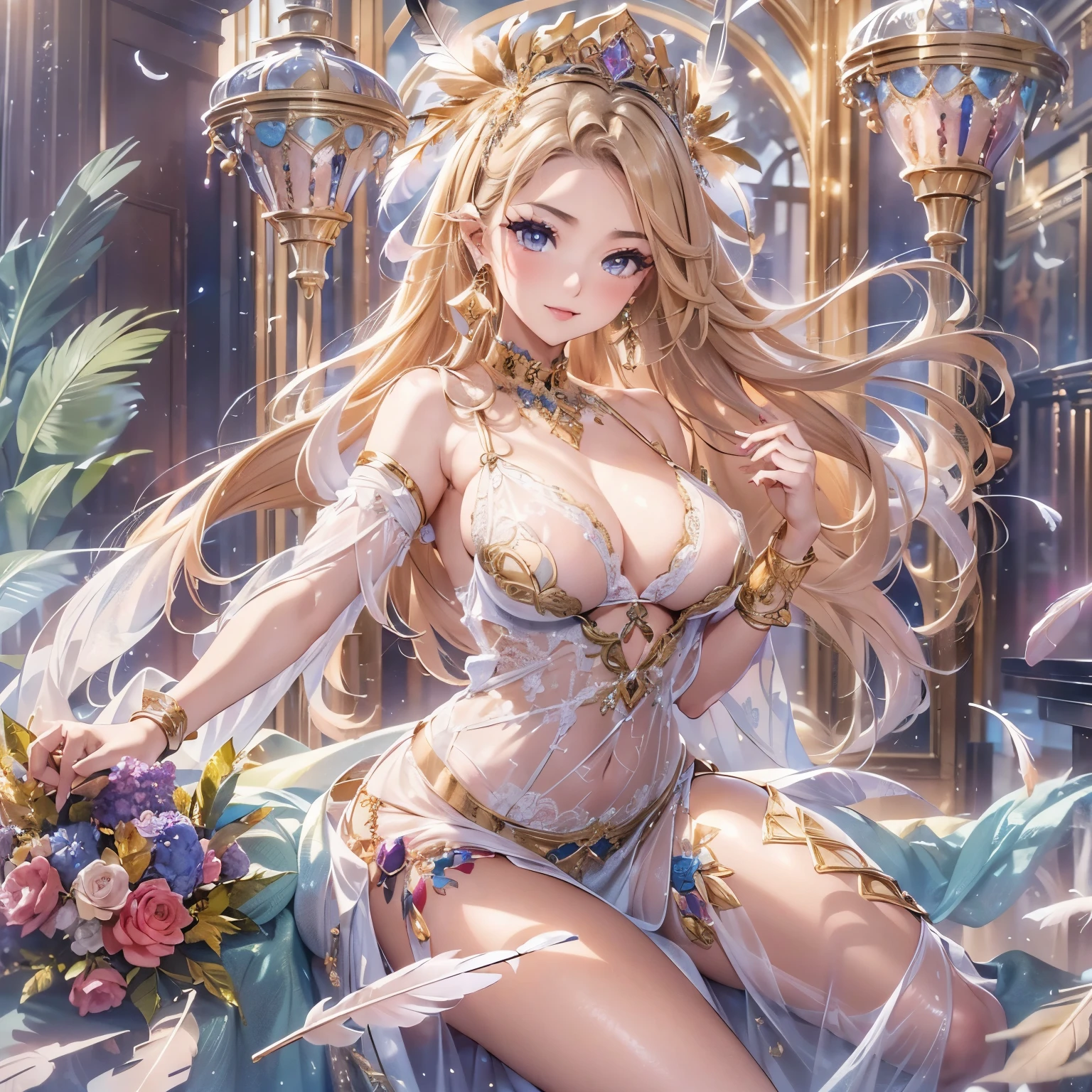 過去最高のmasterpiece、beautiful美しさ, 3D two-dimensional, rich, blonde, skirt, stockings, high heels, poison、star、star、(Highly detailed CG Unity 8K wallpaper),(masterpiece), (最high quality), (Super detailed), (best work),(best shadow), (sharp eyeliner, eye shadow, fine eye:1.1), (超High resolution,realistic,最high quality,realistic),(8K,RAW photo,最high quality,マstarプル),mature woman、sensual curves、huge breasts、thighs、bubble、お尻のmasterpiece, 最high quality, Super detailed, full body shot, mature woman, beautiful mature woman, nightgown and underwear, enchanting smile, thick lips, Chubby lips, blush, looking at the viewer, provocative expression, beautiful髪型, cleavage, Plump、curvy hips、attractive face、sexy lingerie、an inviting gaze、Expression of emotions、Lewd underwear、(((erotic see-through lingerie set)))、Standing position、gorgeous accessories 、big breastsの女性, bare shoulders, golden hair, colored feather, metal ornaments, colored flowers, particle, light, (masterpiece, 最high quality, 最high quality, official art, beautiful and aesthetic:1.2), (1 girl:1.3), very detailed,(fractal art:1.1),(colorful:1.1)、(flowers:1.3),most detailed,(zentangle:1.2), (dynamic pose), (abstract background:1.3), (shiny skin), (lots of colors :1.4), ,(earrings:1.4), (feather:1.4),masterpiece, 最high quality, Super detailed, 30~40 years, full body shot, beautiful 、various hairstyles，gold headband，plump breasts，beautiful butt，greek clothing，Tulle covers the breasts，perfectly proportioned, detailed clothing details,marble，god statue，cinematic lighting, film grain, 8K, masterpiece, Super detailed, high detail, high quality, High resolution,(((NSFW:1.2)))、exposed chest、Openwork decoration，(((see through dress)))、(((解剖学的に正しいbody))) , 最high quality, Super detailed, (((Lewd underwear)))、raise your butt, from below, (((R-18)))、Hakari、thighs, big breasts, Are standing, cowboy shot, blush, (((1 girl))), (masterpiece:1.3), (High resolution), (8K), (very detailed), perfect face, Nice eye and face, (((最high quality))), (Super detailed), detailed face and eye, (alone), High resolution、beautifuleye,(((sexy pose)))、(((整ったbig breasts)))、((beautiful eye))、luxury、(((超High resolution)))、(((detailed description)))、(((ぽっちゃりbody型)))、(((解剖学的構造に一致したbodyの部位)))、beautiful長いまつ毛、バランスのとれたbody型,2 feet、Just the right size for your legs and arms、Fishnet tights、glamorous、(((Clear white and black eye)))、lipstick、Sparkling、(Undistorted face, eye, body)、jewelry、gem、(長くカールしたbeautifulまつ毛)、(((バランス良いbeautiful胸)))、(transparent, Exquisite skin:1.2)、(((完璧なglamorousボディー)))、actress face、Super beautiful、Cute smile、Healing beauty、Flower shower、完璧なeye、realistic depiction、Super sexy、glossy、Glamorous、double eyelids、Good dark makeup、makeup、ぼやけていないeye 