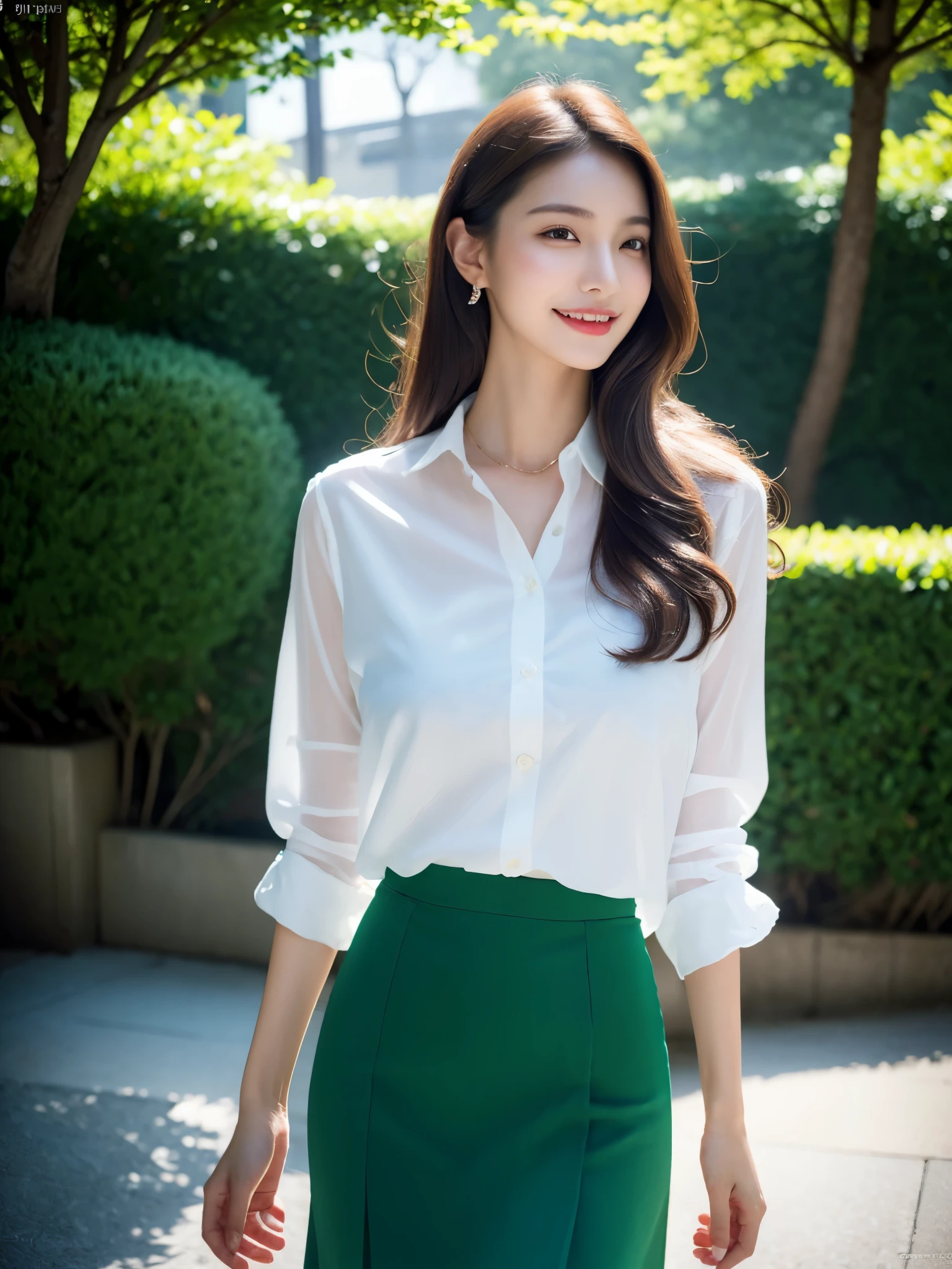 (Full body: 1.3), (in 8K, best-quality, masterpiece: 1.3), (intricate detailes:1.4), (Raw photo, Photorealsitic: 1.4), octane renderings, Complex 3D rendering ultra detail, Studio Soft Light, Rim Lights, vibrant detail, super detailing, realistic skin textures, Detail Face, Beautiful detail eyes, Very detailed CG Unity 16k wallpaper, make - up, Slender Beauty 1 Person: 1.5, Elegant, office lady, (Detailed background: 1.2), Realistic skin feeling, Shinny skin, beautiful detailed face, Lush green park background, Blur background, Bokeh, Super model, Perfect body, (Full body: 1.3), (Wide shot, Long shot: 1.3), Tall and slender beauty, (beauty of suits: 1.3), (beauty of elegant skirt: 1.3), natural smile, medium breasts, undershirt, cool beauty, career woman, Japanese beauty, modeled, tic，street
