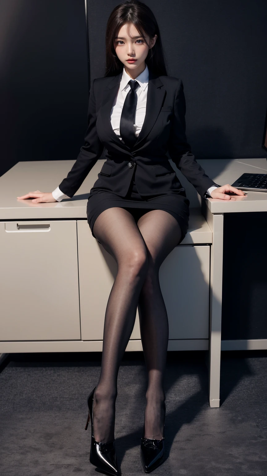 (Masterpiece), ((Best quality)), (Masterpiece,Best quality,offcial art,Extremely detailed Cg Unity 8K wallpaper), , Beauty photo,Elegant upper-class elite secretary in a business shirt,Perfect look，Double eyelid eyes，Delicate makeup， working in an office,wearing a strict business suit, Wear pantyhose,Wear high-end heels,Girl in shirt, dressed in a suit, huge tit,half bodyesbian,dressed in a suit, dressed in a suit, merchant, Business clothes, wearing black suits, Wear a shirt and skirt, Woman in a suit, Business attire，Computer chair，Seated，Erlang legs，high-heels，view the viewer，brightly，Complicated details，foot focus,from below,