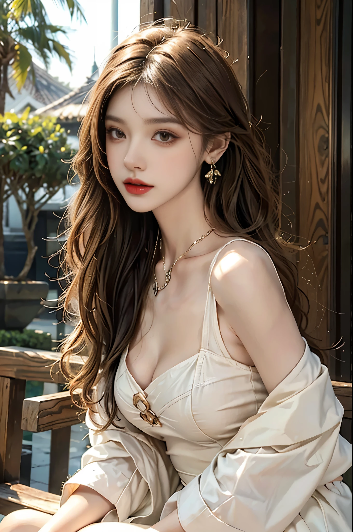 Beautiful woman with perfect body:1.4,layered hairstyle,prominent cleavage,Highly detailed facial and skin textures,double eyelids,whiten skin,long hair