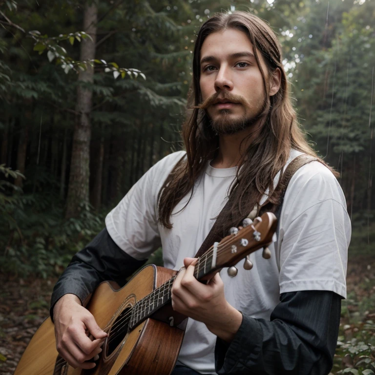 A young white man with slightly long hair with a very short beard and very short mustache in the forest with rain and a guitar, wearing country style clothing.