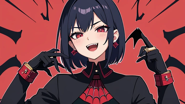 masterpiece、highest quality、1 girl、Upper body、short hair、Mesh Color Hair、vampire、evil smile、blush、open your mouth、Show fangs、Stylish earrings、ring accessories、Put your hands on your face、put one&#39;s hand forward、spider pattern background