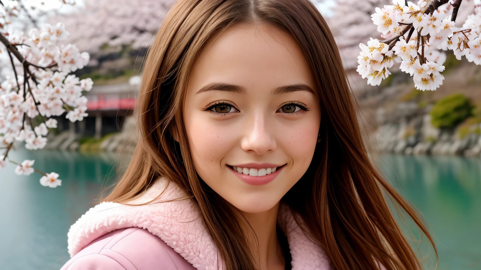 Instagram pictures, 1 French girl, Shoulder length hair, has light blonde hair, Close-up photo, coat, The background is Lake Kawaguchiko.., cherry blossoms, Japan, smile a little,