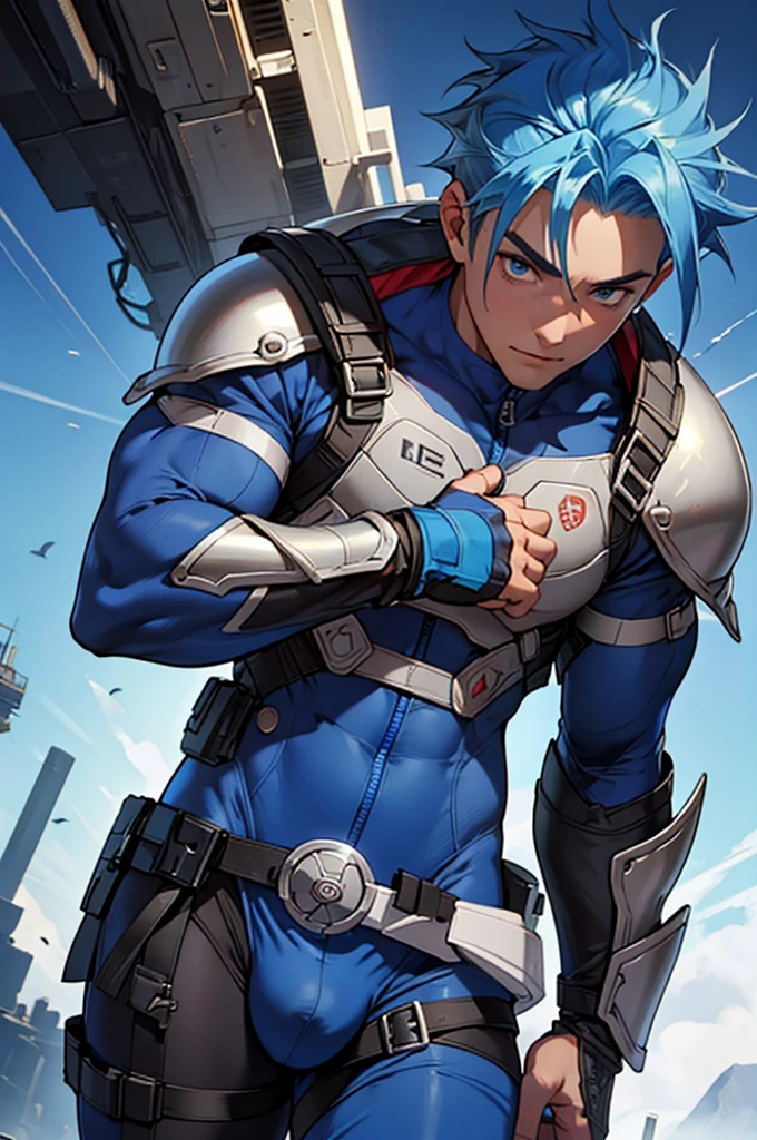 ((highest quality, 8K, super detailed, masterpiece: 1.3)), 1 boy, 、blue hair、shiny skin, sharp, perfect body beauty, sharp eyes,Perfect body with realistic shading, (cute baby face:1. suit, tech wear,big bulge ":1.2),("leggings , armor":1.1),("glove, armor":1.1 ),(tech wear)(dynamic pose:1.1), thigh , battlefield , (bulge focus:1.2),("Scouter":1.2)