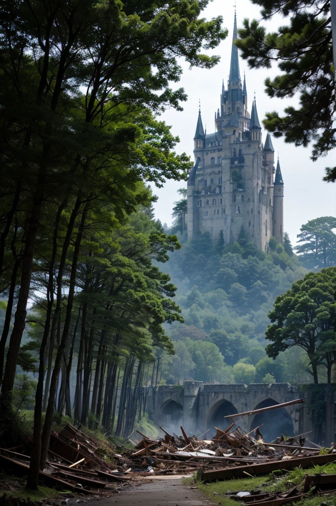 An ancient castle towering over a deep forest, surrounded by walls that have collapsed in places,dim atmosphere