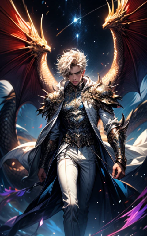 Masterpiece, best quality, high resolution, highly detailed, 1 boy, handsome face, long blonde hair ( light in the hair), with blue eyes ( glowing eyes ), wearing a white hoodie, and white pants, silver watch, light skinned, dragon wings, dragon tail, surrounded by the splendors of the universe, pay attention to stunning details, and achieve a resolution of 64k, floating in a dynamic pose with purple flames on his hands, high quality, with a majestic aura of authority.