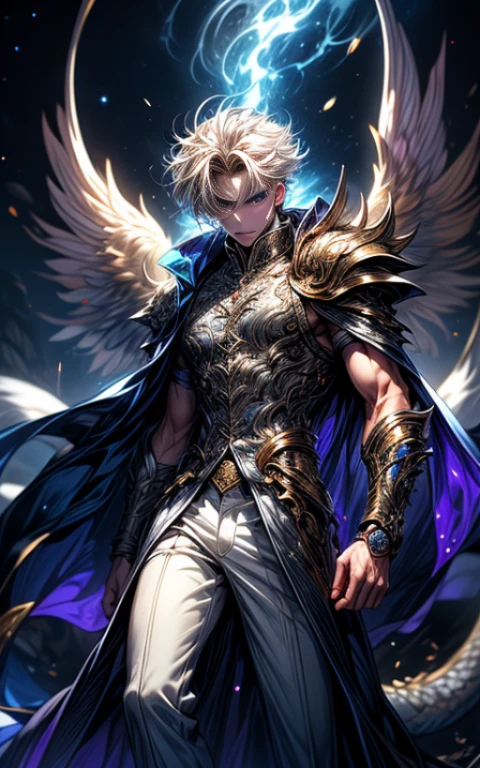 Masterpiece, best quality, high resolution, highly detailed, 1 boy, handsome face, long blonde hair ( light in the hair), with blue eyes ( glowing eyes ), wearing a white hoodie, and white pants, silver watch, light skinned, dragon wings, dragon tail, surrounded by the splendors of the universe, pay attention to stunning details, and achieve a resolution of 64k, floating in a dynamic pose with purple flames on his hands, high quality, with a majestic aura of authority.