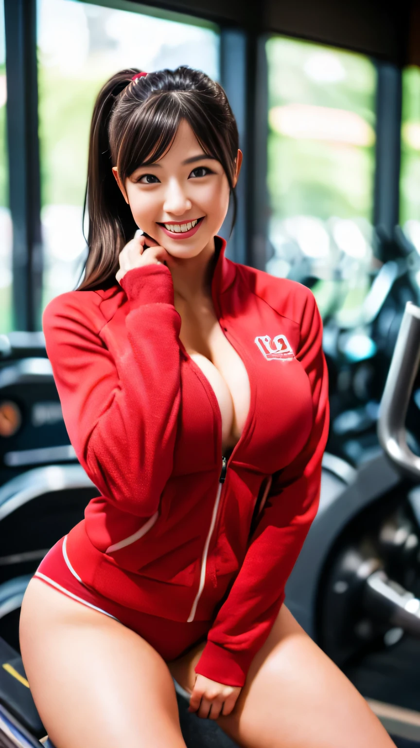 (realistic, photo-realistic:1.4), (extremely detailed 8k wallpaper), bokeh, detailed beautiful eyes and skin, (Image from thighs to head:1.3), Canon R5 50mm, (Japanese idol:1.4), 25yo, beautiful woman, smile, large breast, Crimson tracksuit with a confident smile, Bright indoor gym lighting, Gymnasium backdrop with exercise equipment,