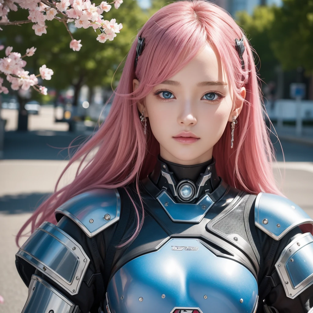 girl,16 years old、最high quality, 超A High resolution, (reality: 1.4), movie lighting, beautiful skin, slender, Forward-facing body, (超reality的な), (High resolution), (8K), (very detailed), ( best illustrations), (beautiful detailed eyes), (super detailed), detailed face, bright lighting, professional lighting、最も美しくセクシーなサイバーパンクのgirl, pink hair, blue eyes, 最もbeautiful skin, Detailed and futuristic cyberpunk battle armor,d cup bust、earrings, Ultra-futuristic city, cherry blossoms blowing in the wind, movie scene, perfect masterpiece, high quality, High resolution