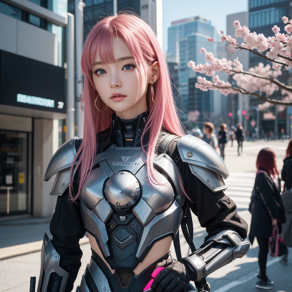girl,16 years old、最high quality, 超A High resolution, (reality: 1.4), movie lighting, beautiful skin, slender, Forward-facing body, (超reality的な), (High resolution), (8K), (very detailed), ( best illustrations), (beautiful detailed eyes), (super detailed), detailed face, bright lighting, professional lighting、最も美しくセクシーなサイバーパンクのgirl, pink hair, blue eyes, 最もbeautiful skin, Detailed and futuristic cyberpunk battle armor,d cup bust、earrings, Ultra-futuristic city, cherry blossoms blowing in the wind, movie scene, perfect masterpiece, high quality, High resolution