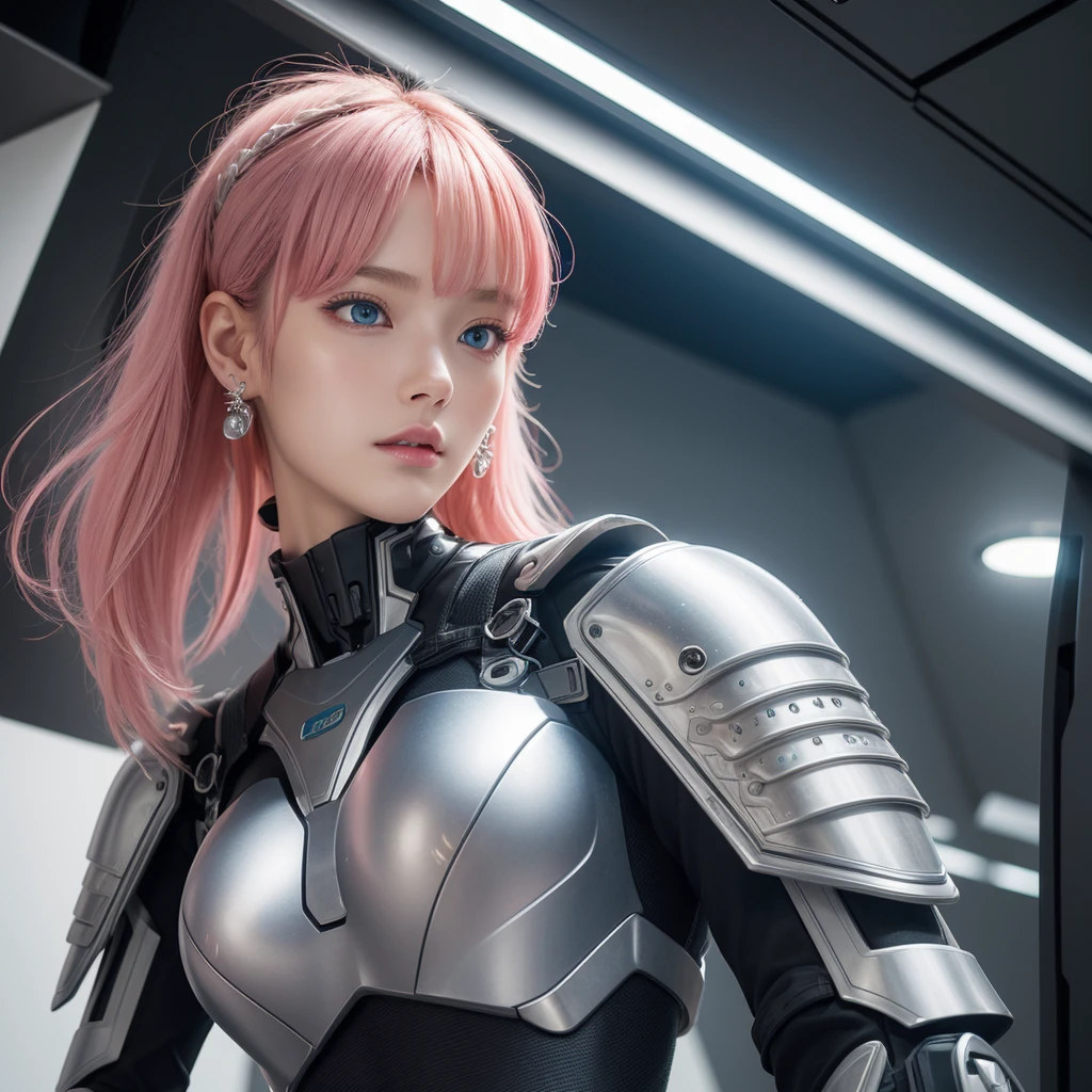 girl,16 years old、最high quality, 超A High resolution, (reality: 1.4), movie lighting, beautiful skin, slender, Forward-facing body, (超reality的な), (High resolution), (8K), (very detailed), ( best illustrations), (beautiful detailed eyes), (super detailed), detailed face, bright lighting, professional lighting、最も美しくセクシーなサイバーパンクのgirl, pink hair, blue eyes, 最もbeautiful skin, Detailed and futuristic cyberpunk battle armor,d cup bust、earrings, Ultra-futuristic city, cherry blossoms blowing in the wind, movie scene, perfect masterpiece, high quality, High resolution