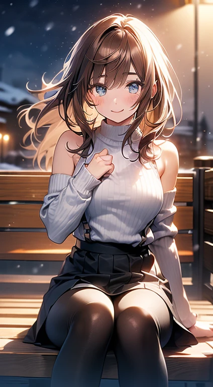 ((masterpiece, best quality, high resolution, ultra high definition, Pixel perfect, depth of field, 4K, RTX, human development report))), 1girl in, single, alone, Beauty、see whole body、 ((long hair, Short Liuhai, reddish brown hair)), ((blue eyes, beautiful eyelashes, realistic eyes)), ((Detailed face, blush:1.2)), ((smooth texture:0.75, lifelike质感:0.65, lifelike:1.1, Anime CG style)), medium breasts, Perfect body, (( Shoulderless low-cut sweater, bare shoulders, short skirt ,Black tights)), Smile, side sitting position, (wind blows hair,bare shoulders、exposing her chest、Black tights) , Hot spring at night ,It's snowing