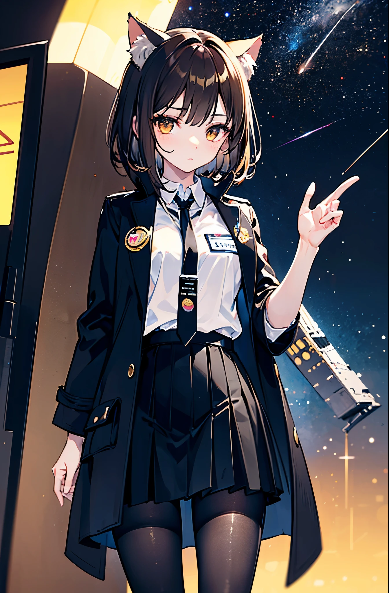 1girl, solo, masterpiece, cat ears, white shirt, black skirt, neck tie, black pantyhose, boots, brown eyes, brown hair, standing, cowboy shots, pantyhose, inside a space ship, gold badge, black neck tie, nametag, space, cats tails, black coat, nametag on coat, space cadet, Best quality
