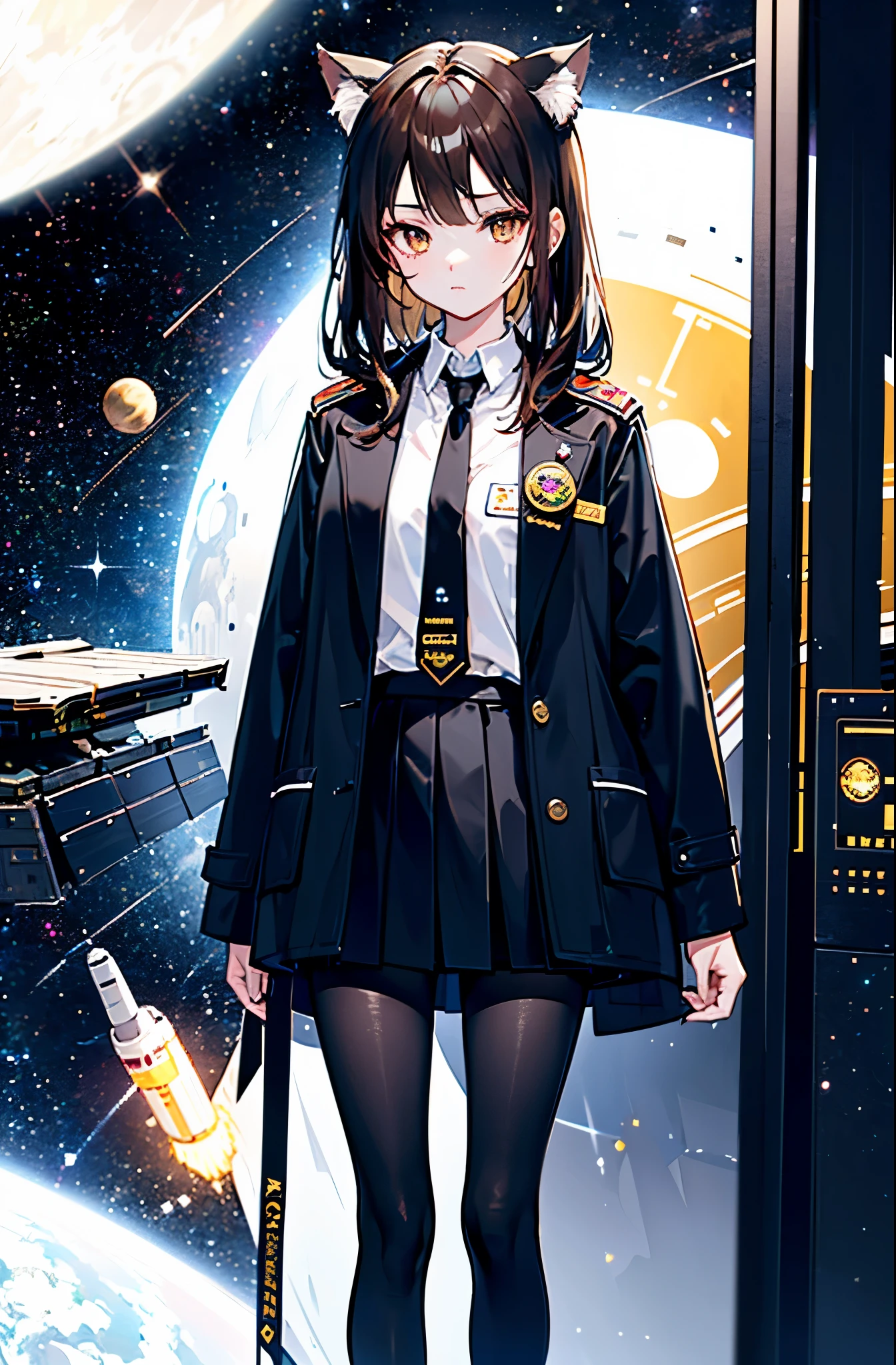 1girl, solo, masterpiece, cat ears, white shirt, black skirt, neck tie, black pantyhose, boots, brown eyes, brown hair, standing, cowboy shots, pantyhose, inside a space ship, gold badge, black neck tie, nametag, space, cats tails, black coat, nametag on coat, space cadet, Best quality